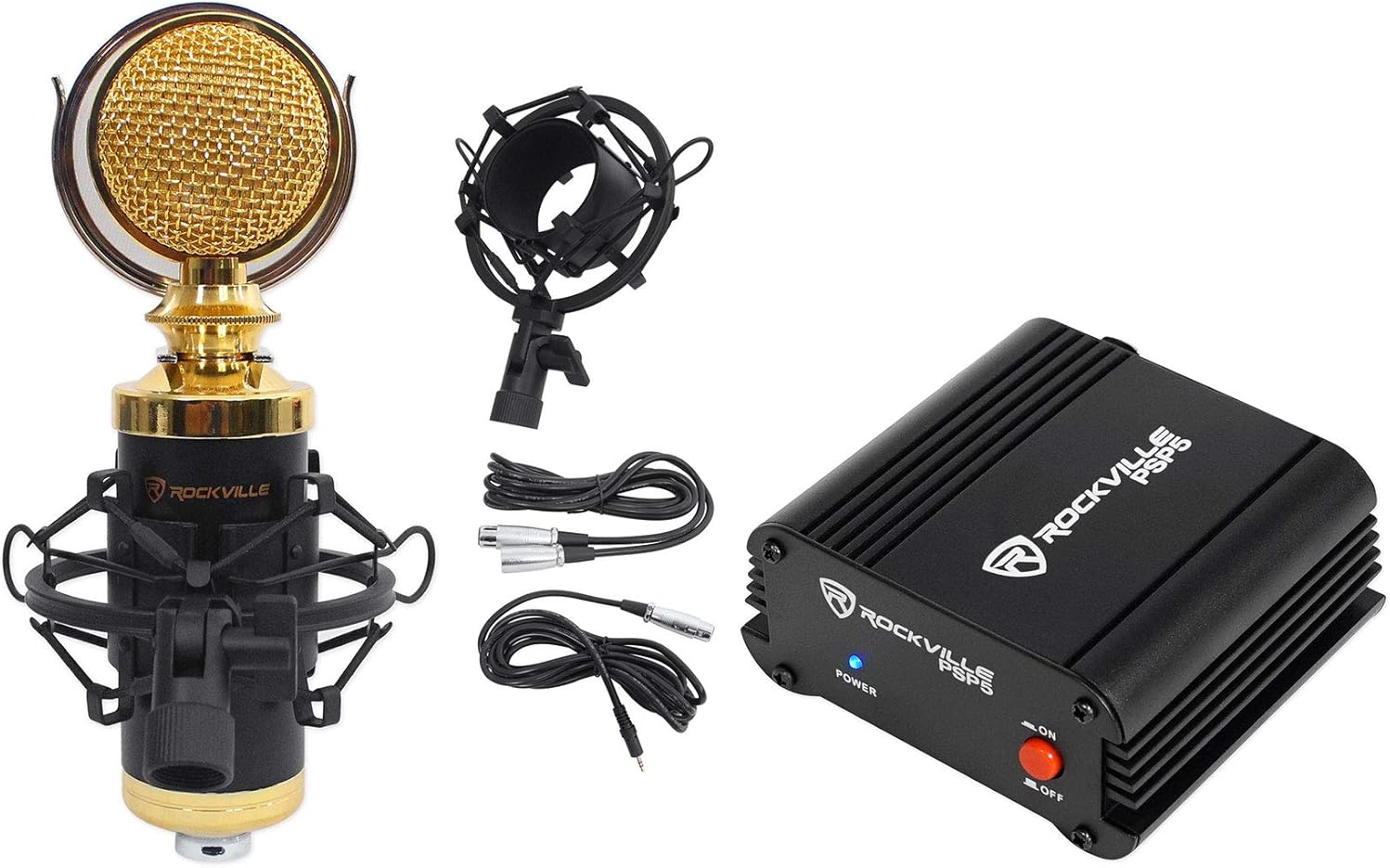 Rockville RCM02 Bundle: Pro Studio Recording Condenser Microphone with Metal Shock Mount, PSP5 Universal 48V Phantom Power Supply Box for Condenser Mics, 2-Items