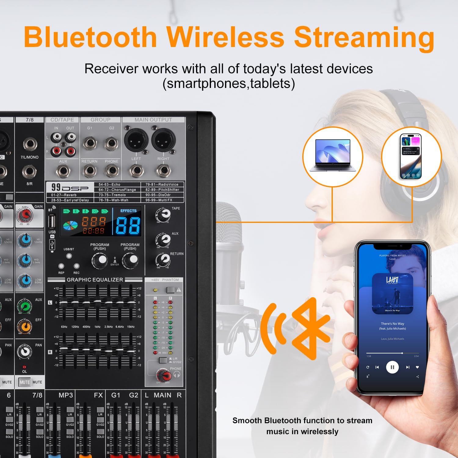 EX8 8-Channel Mixer and Sound Card Interface with Bluetooth/MP3, Dual 7 Band EQ+99 Reverb Effect for Home Studio, Podcast, Live - Desktop Digital Mixer Console for PC/DAW Recording