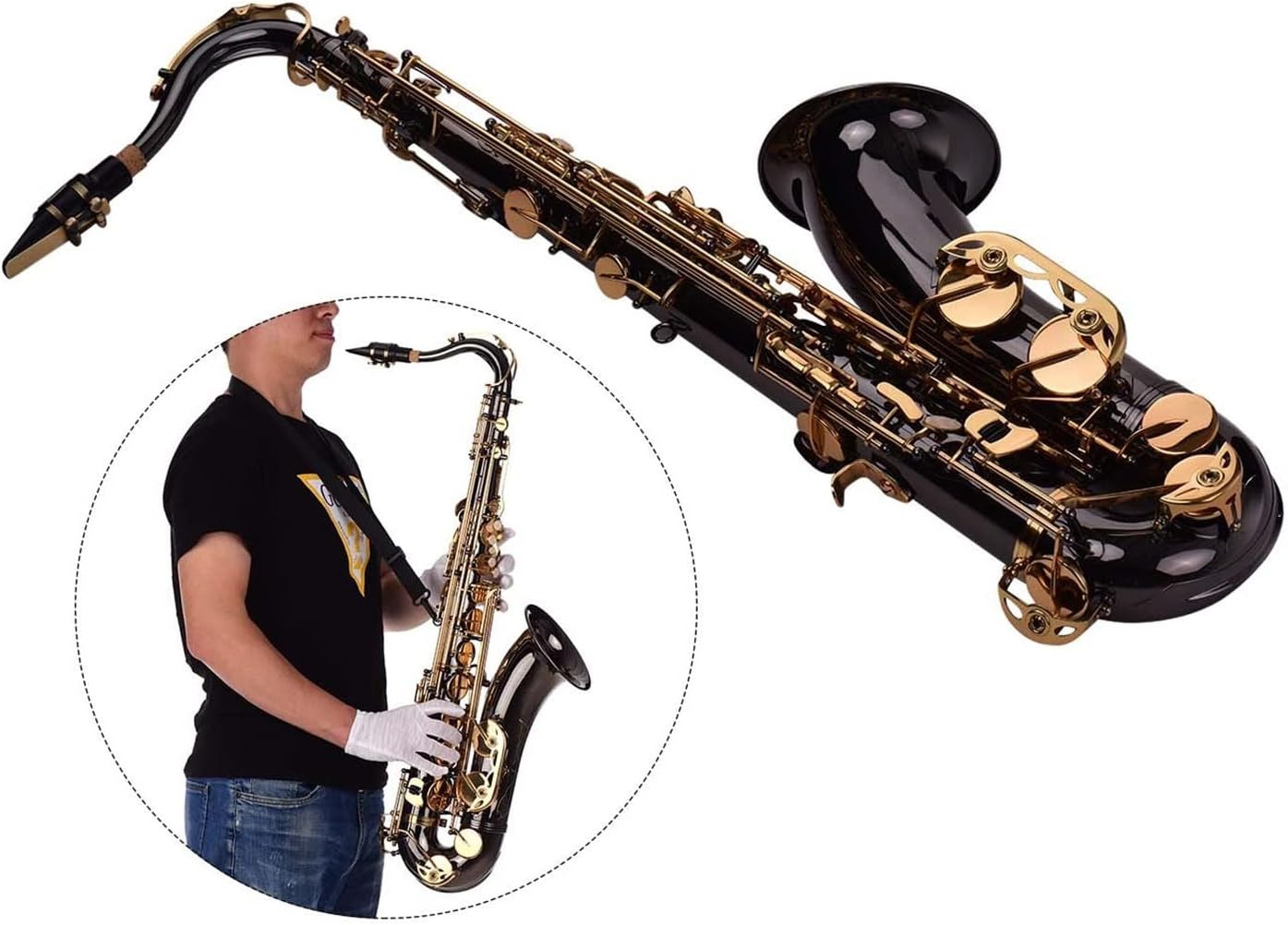 Bb Tenor Saxophone Sax Brass Body Black Nickle Plated Golden Keys Woodwind Instrument with Case Brush Sax Neck Straps Student Saxophone