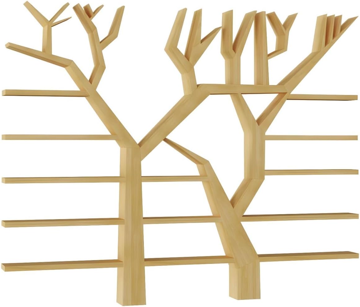 CraftThink Wall Mount Wood Bookcase, Modern Tree Design Wall Storage with 28 Shelves & Open Back in Vertical Design for Living Room, Office, and Bedroom- Natural 55