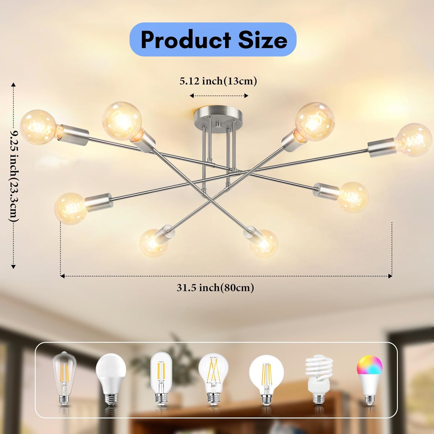 Modern Sputnik Chandelier 8-Light Industrial Ceiling Lights Fixture 32