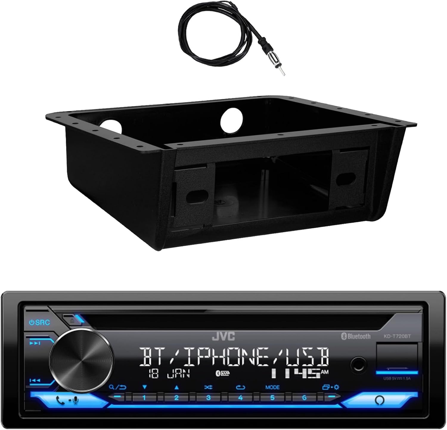 JVC KD-T720BT Single DIN USB/AUX CD Player AM/FM Radio Bluetooth Multimedia Stereo Receiver W/Fully Enclosed Under Dash/Overhead Installation Mounting Kit, 22