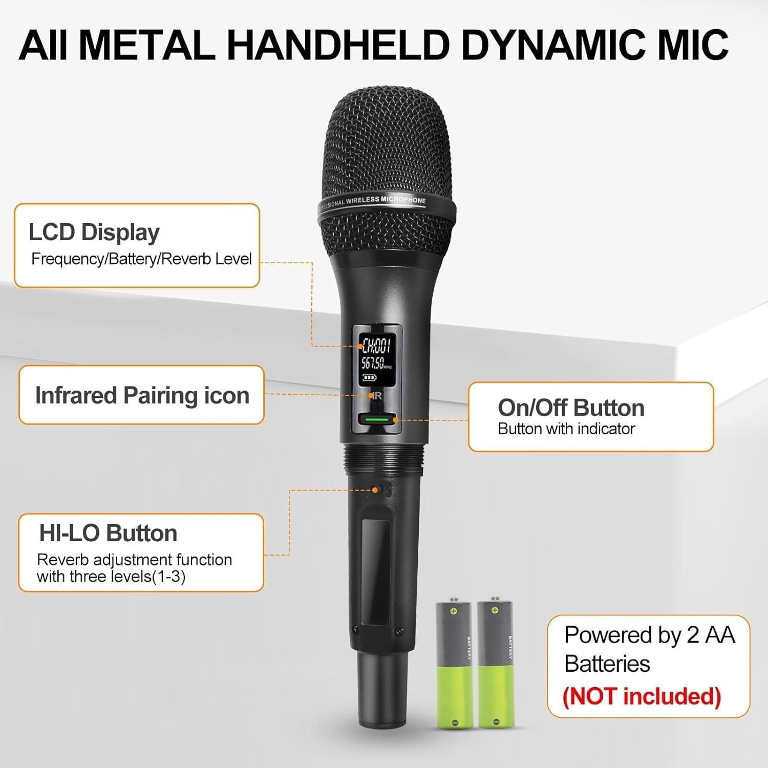 Wireless Microphone System, UHF Professional Karaoke Mic With Feedback Suppression, Auto Scan & Pair, Reverb - 262ft Range, 2x100 Dual Metal Dynamic Cordless Microphones for Church/Wedding/DJ/Meeting