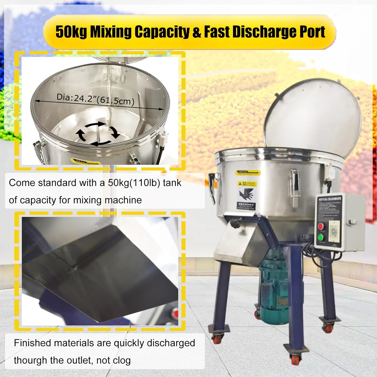 Industrial Blender Mixer Vertical Color Mixer 50kg Tank Material Mixing Machine Vertical Blade Vortex Type Blender 2HP Stainless Steel Blending Mixing Machine, AC110V Single-Phase