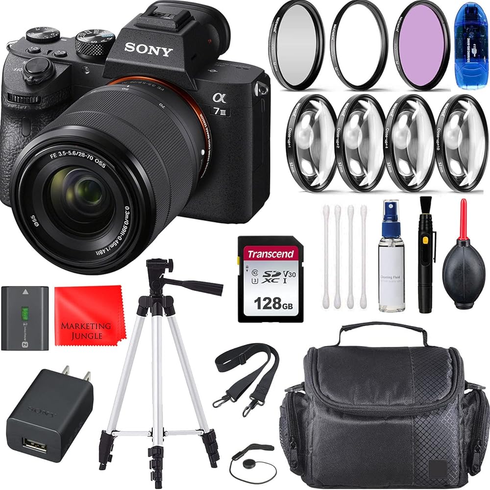 Sony Intl. Alpha a7 III Mirrorless Digital Camera Black with 28-70mm Lens Bundle, Starter Kit + Accessories (128Gb Memory Card, Cleaning Kit, 50inch Tripod, Gadget Bag) (Renewed)