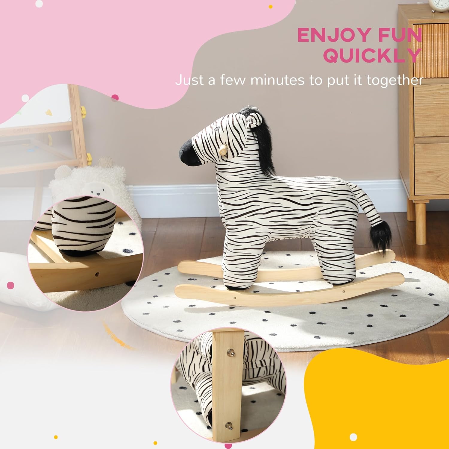 Soft Plush Rocking Horse with Realistic Animal Sound Effects and Sturdy Wooden Base for Gentle Back-and-Forth Motion