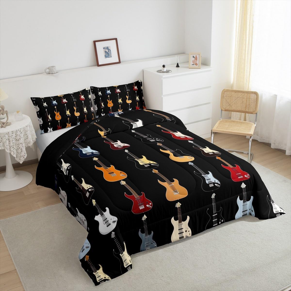 Manfei Colorful Guitar Comforter Set King Size,Musical Instruments Artistic Guitars Bedding Set 3 Pcs for Adults,Rock Bass Music Lovers Comforter,Black Duvet Insert,2 Pillowcases