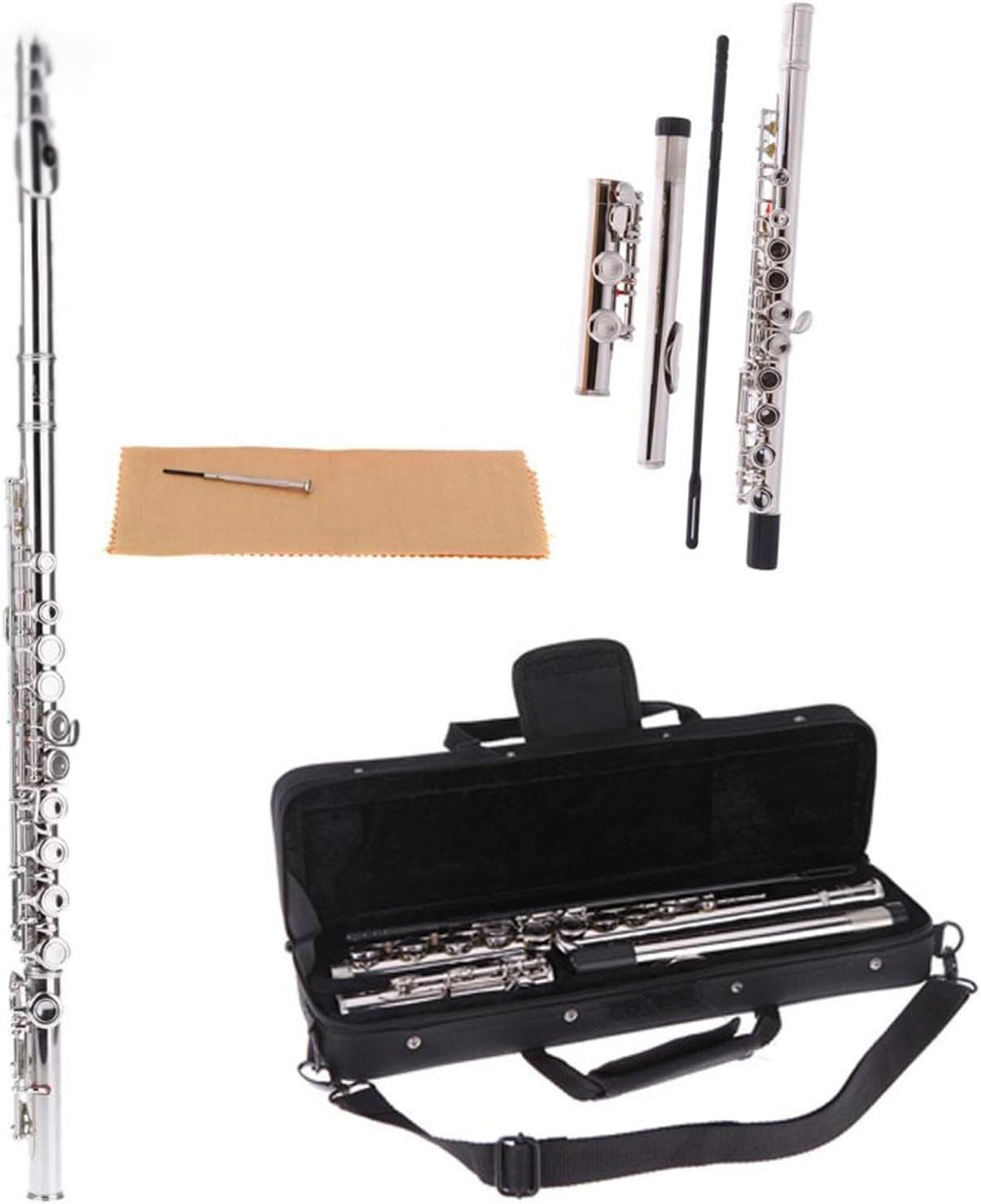 Flute Silver-Plated Flute with 16 Holes C Key White Brass Woodwind Instrument with Cloth Stick Bag Flutes Musical Instruments