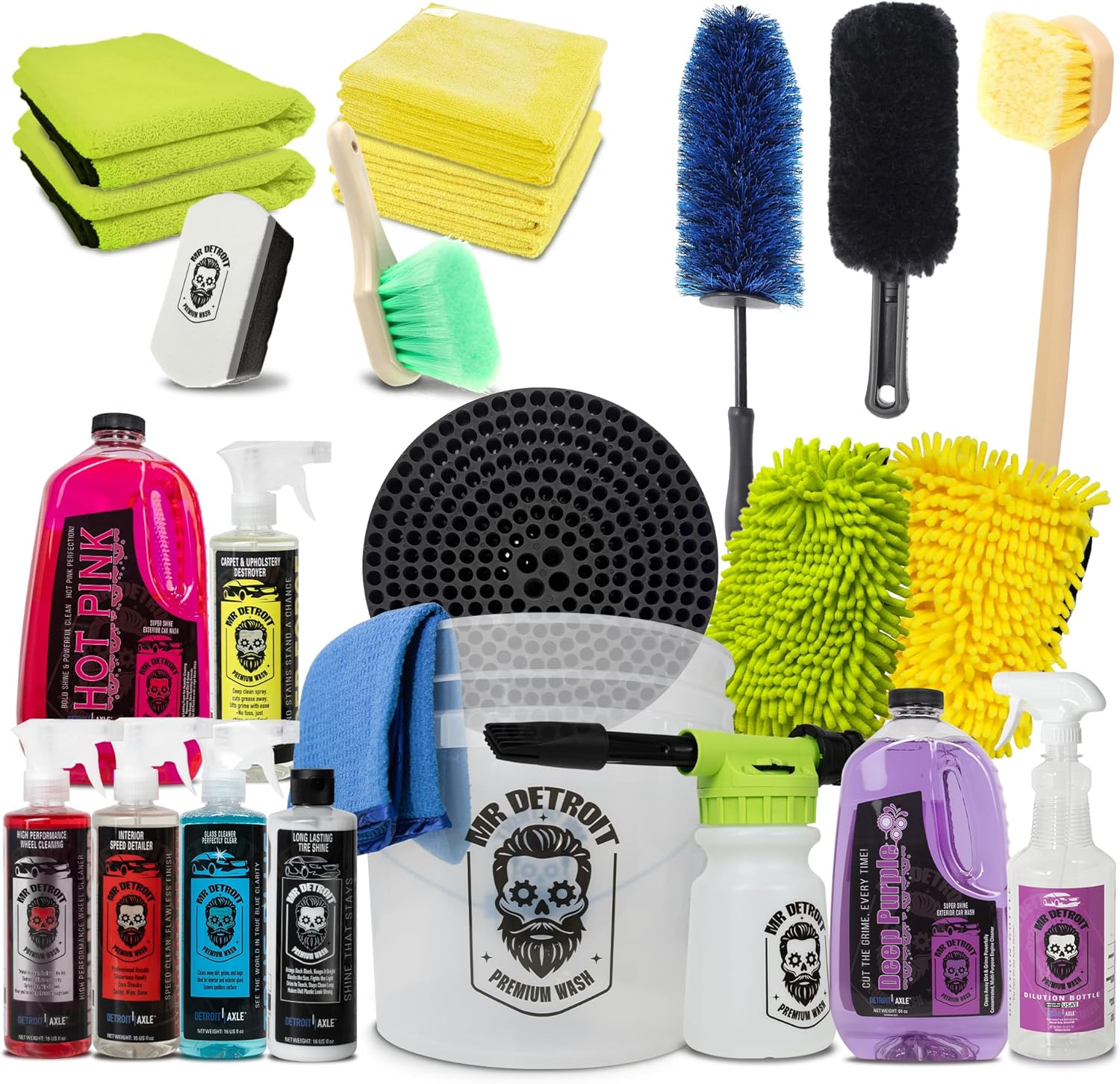 Mr. Detroit - 23pc Car Wash Kit with Foam Blaster, Bucket and Filter, Car Care Cleaners, Towels, Wash Gloves, Brushes, Sponge Pad, Exterior and Interior Detailing for Vehicles