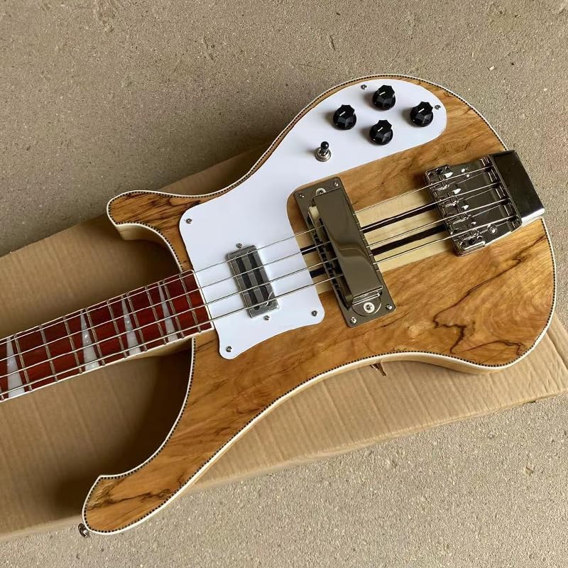 4-String Electric Bass Guitar - Natural Gloss Finish with Spalted Maple Top, 20-Fret Rosewood Fretboard
