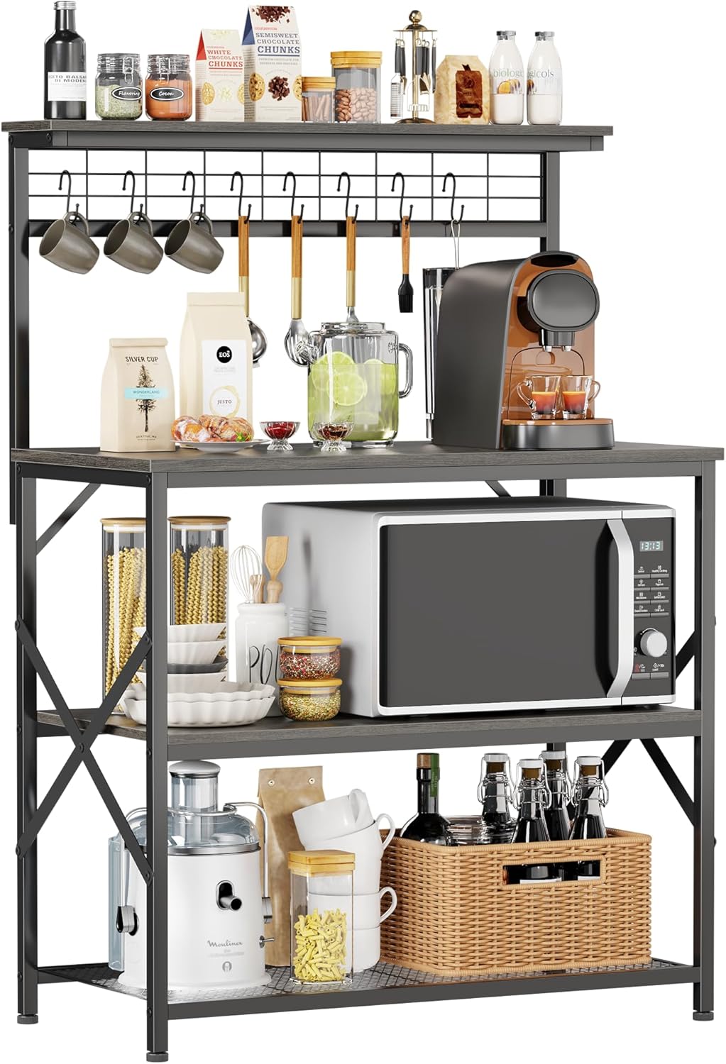 Furologee Kitchen Bakers Rack with Hutch,Coffee Stand with Storage 4 Tiers,Coffee Bar Station with a 31.5 Inch Larger Desktop and 8 S Hooks,Kitchen Microwave Rack for Spices,Pots,Rustic Brown