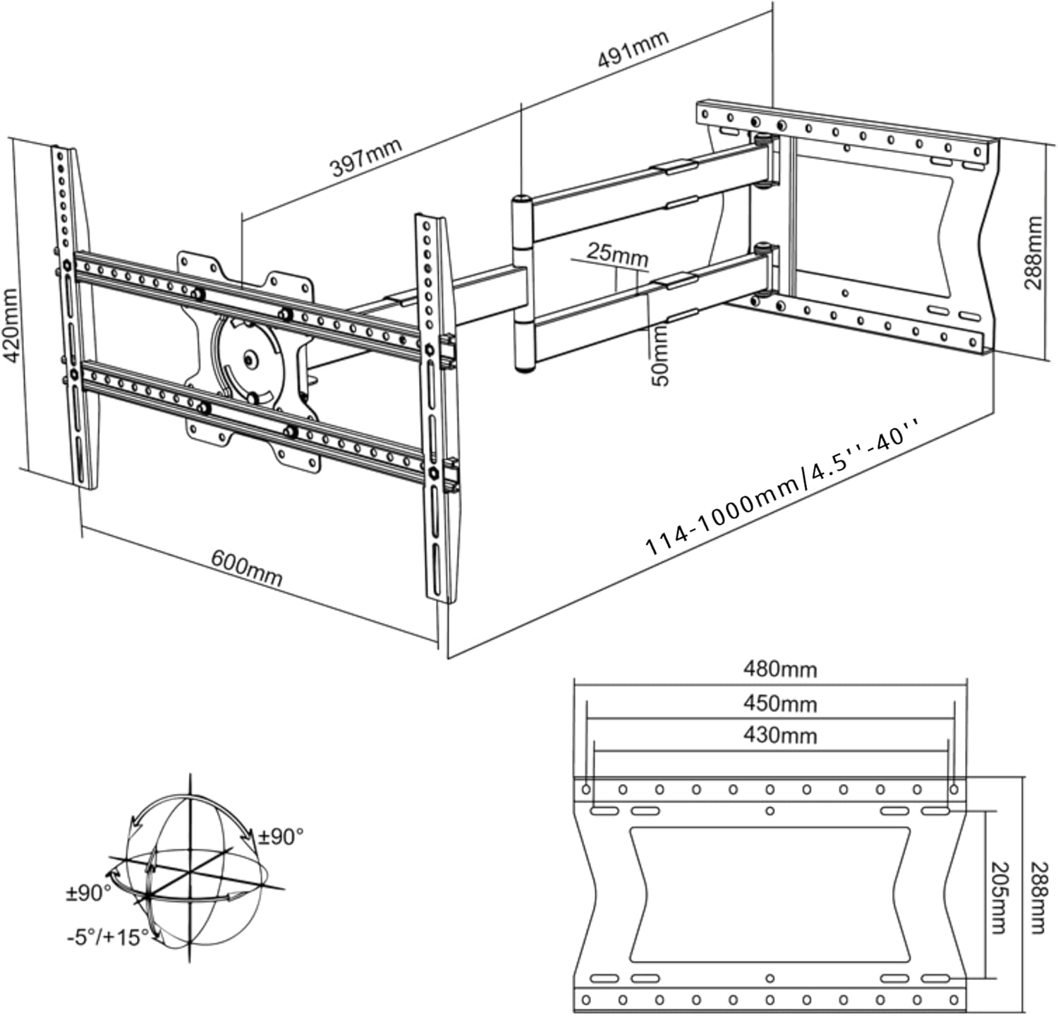 Physix 2100 Long arm TV Wall Mount for 32-75 Inch Screens Extra Long Extension up to 40 Inch Heavy-Duty TV Mount Holds up to 88 lbs Full-Motion, Swivels up to 180° Max. VESA 600x400, Black