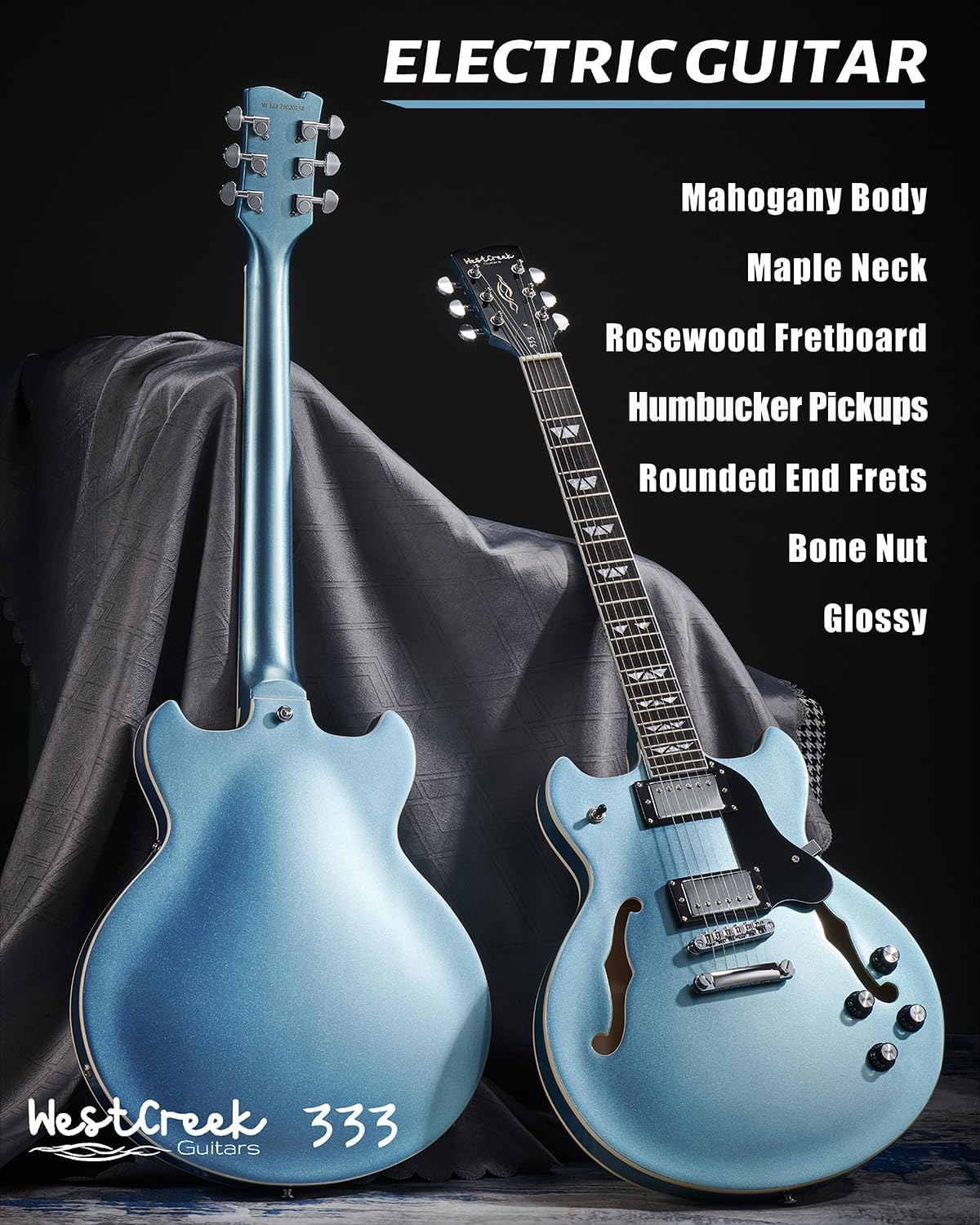 WestCreek 333 Electric Guitar with 6 String, Semi Hollow Body Jazz Electric Guitar, Humbucker Pickups, Rosewood Fretboard, Rounded End Jumbo Frets, Full size