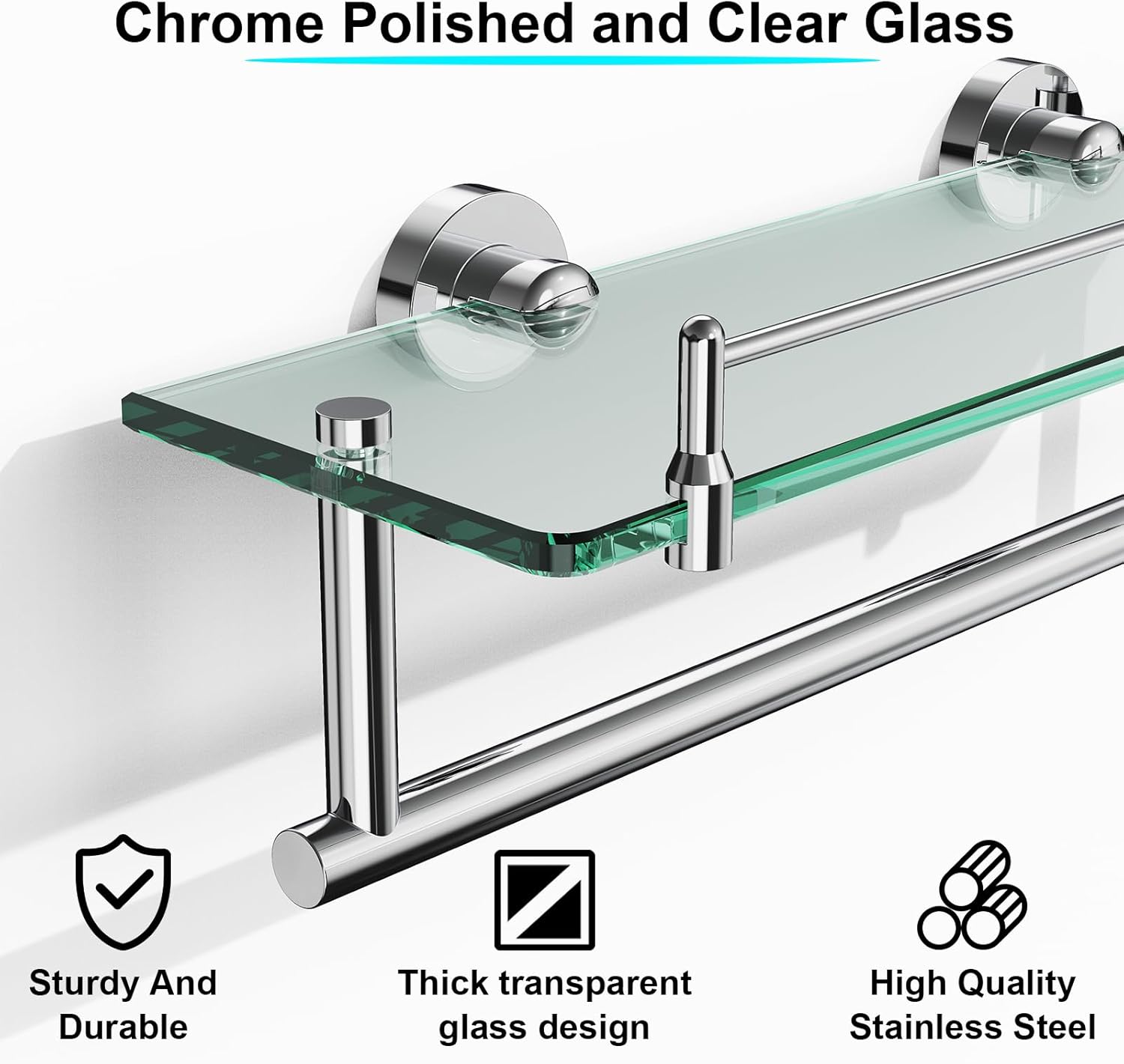 Glass Shelf for Bathroom 2 Pack,16-Inches Floating Glass Shelves Towel Bar/Track(Chrome Polished)