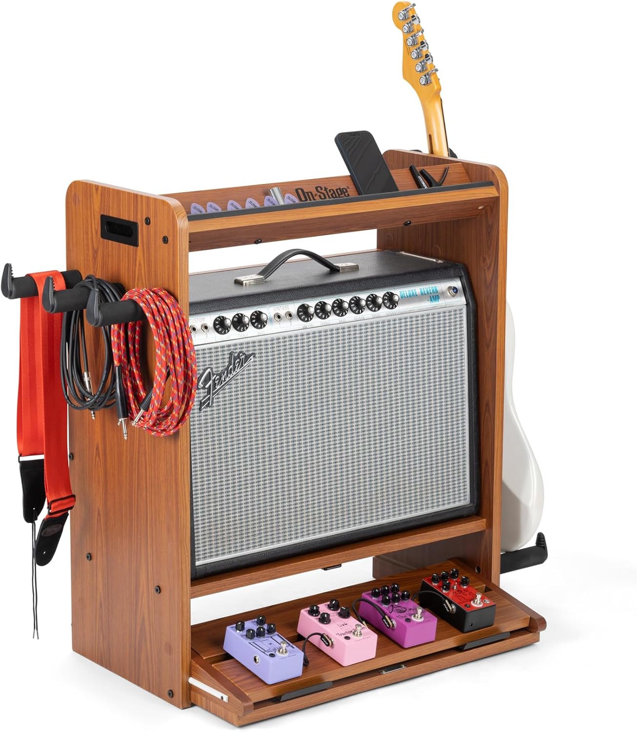 On-Stage GWS5000RB Guitar Workstation (Amp Stand, Electric Guitar or Bass Stand, Cable and Strap Hanger, Pedalboard, Accessory Tray for Picks, Capos, and Tuners, Gear Shelving, Organizer, Rosewood)