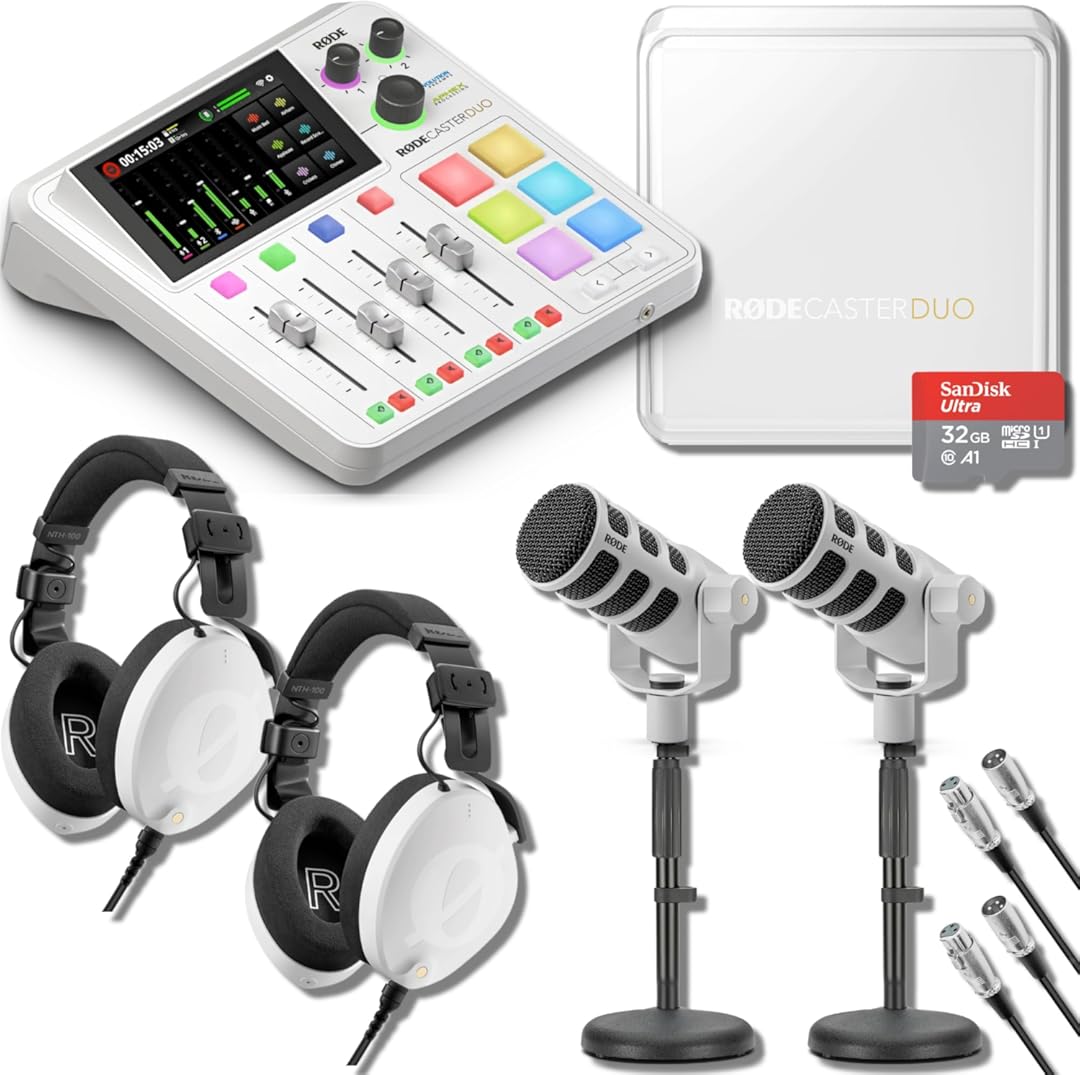 Rode RODECaster Duo Streaming Mixer (White) with White Rode Podmic Dynamic Podcast Microphone (Pair), White NTH-100 Headphones, RODECaster Duo Cover, Desk Stands, XLR Cable and 32GB microSD Card