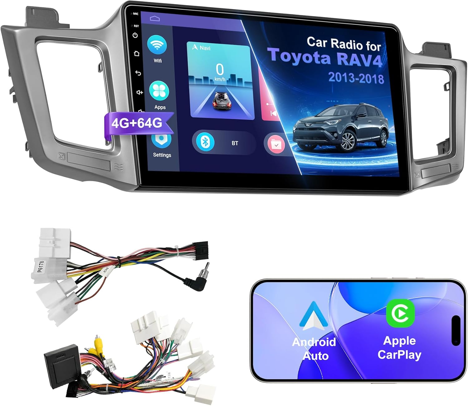 4G+64G Car Radio Stereo for Toyota RAV4 2013-2018, Wireless Carplay&Android Auto with Android 13 Support Bluetooth/Voice Control/GPS/WiFi/Back-up Camera/SWC/FM, 10.1 Inch IPS Touch Screen