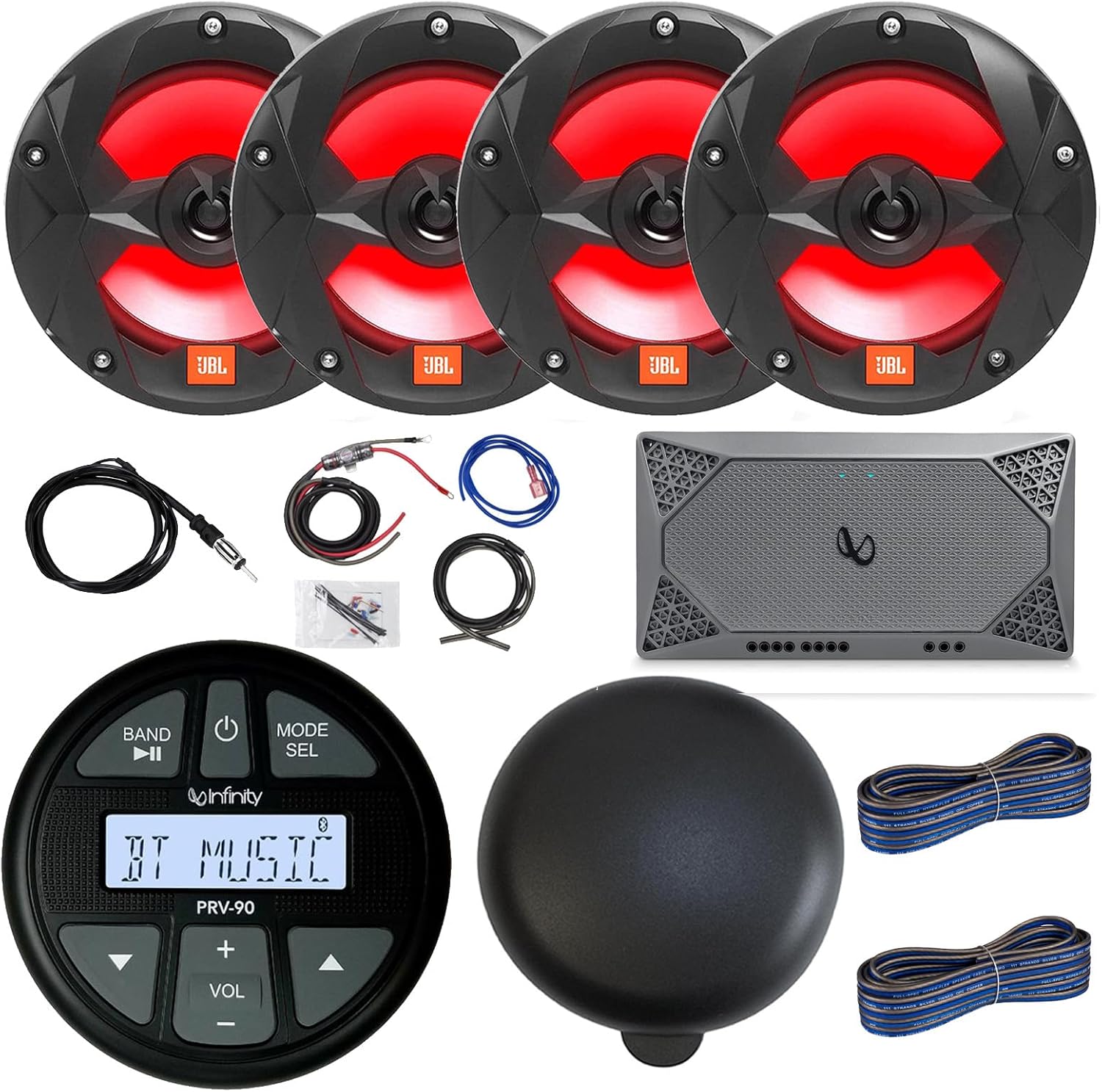 Infinity Marine Gauge Style AM/FM Bluetooth AUX/USB Stereo Receiver, Two Pair (4) 6.5