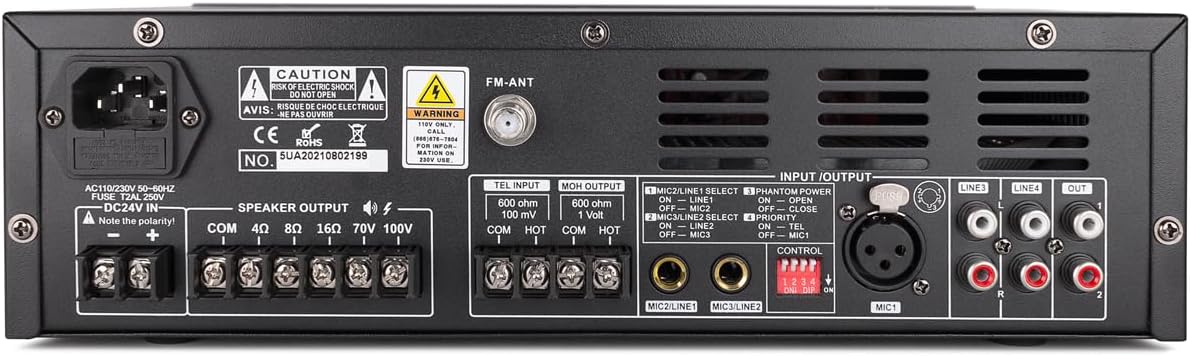Pure Resonance Audio MA120BT 120W 7-Channel Bluetooth Mixer Amplifier with USB, TF, and Remote Control - XLR, 1/4 TS, RCA Inputs, 70V/100V/4-16 Ohm Output for Commercial Audio Systems