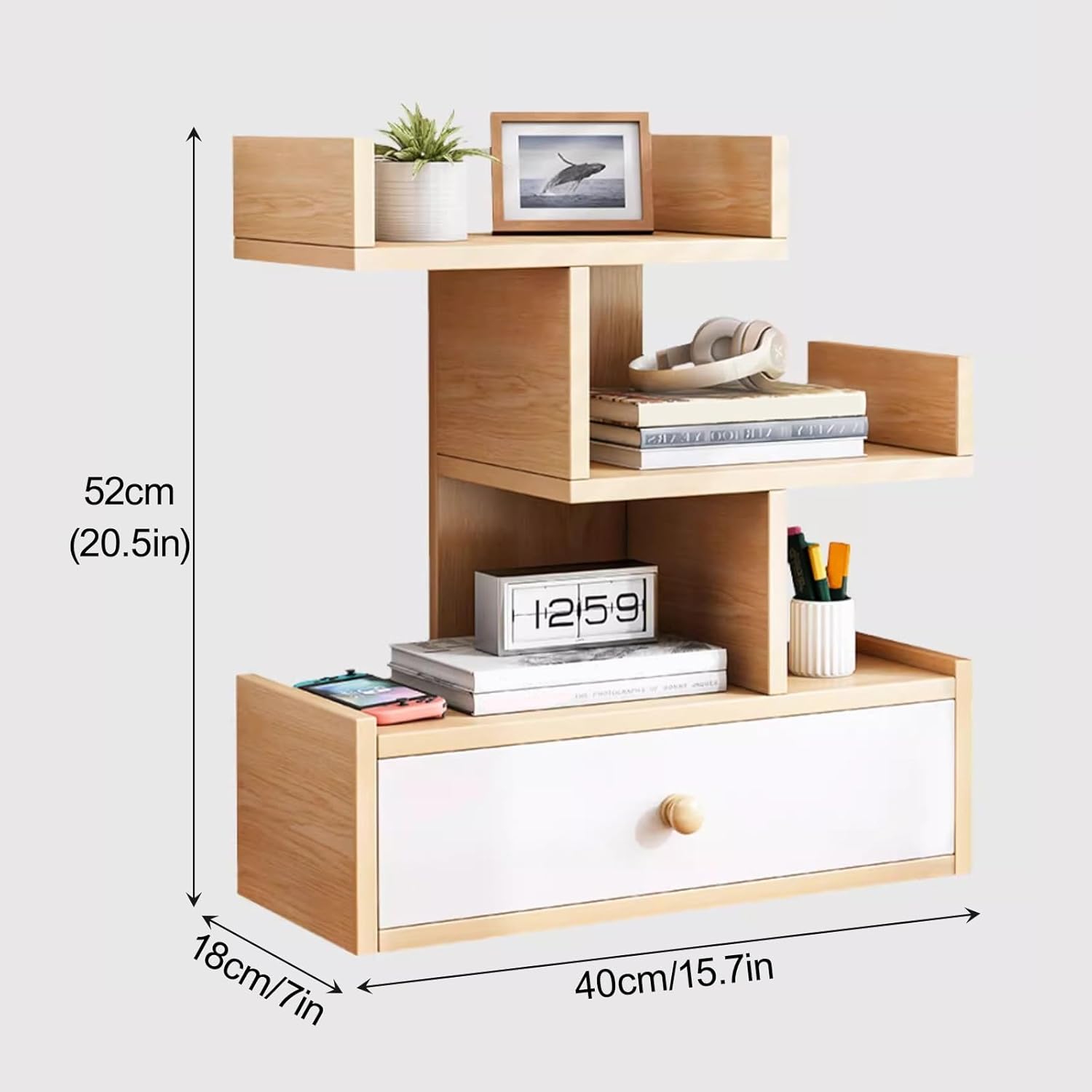 Desktop Bookshelf Storage Organizer Bookcase, Freestanding Display Rack Shelving Unit Small Book Organizer Hutch for Top of Desk Shelf(White)