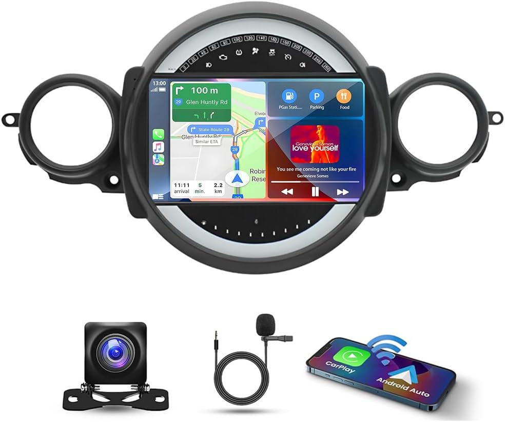 9 Inch Android 13 Car Stereo for Mini Cooper R56 2007-2014, Double Din Touch Screen Car Radio Receiver Head Unit with CarPlay Android Auto Wireless GPS/FM/WiFi/SWC/AHD Backup Camera Mic, 2+32G