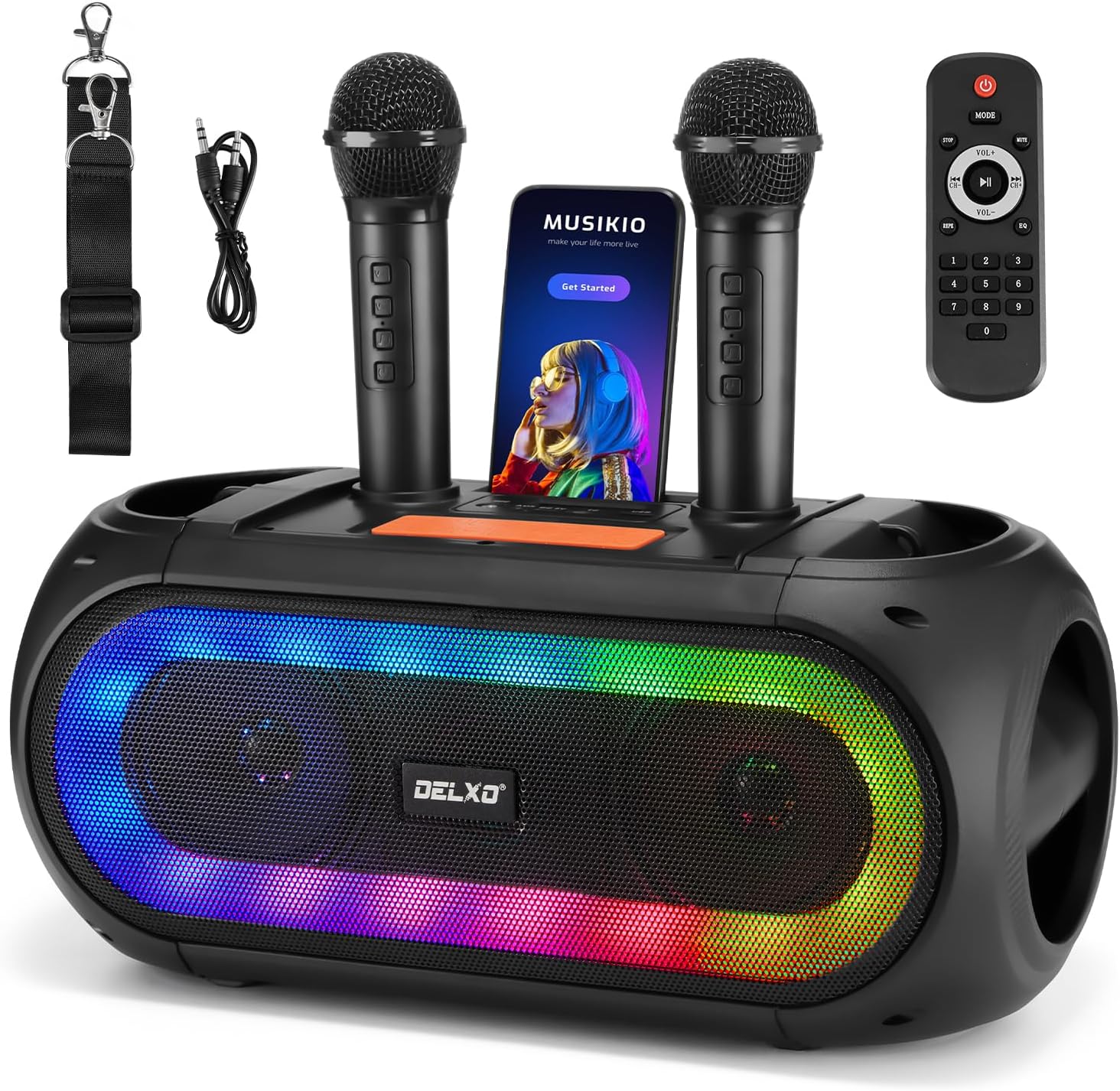 Delxo Karaoke Machine with 2 Wireless Microphones for Adult, Powerful Portable Bluetooth Speaker Loud for Party, PA System Remote Singing Machine with LED Lights, Support BT TWS USB TF, Gift