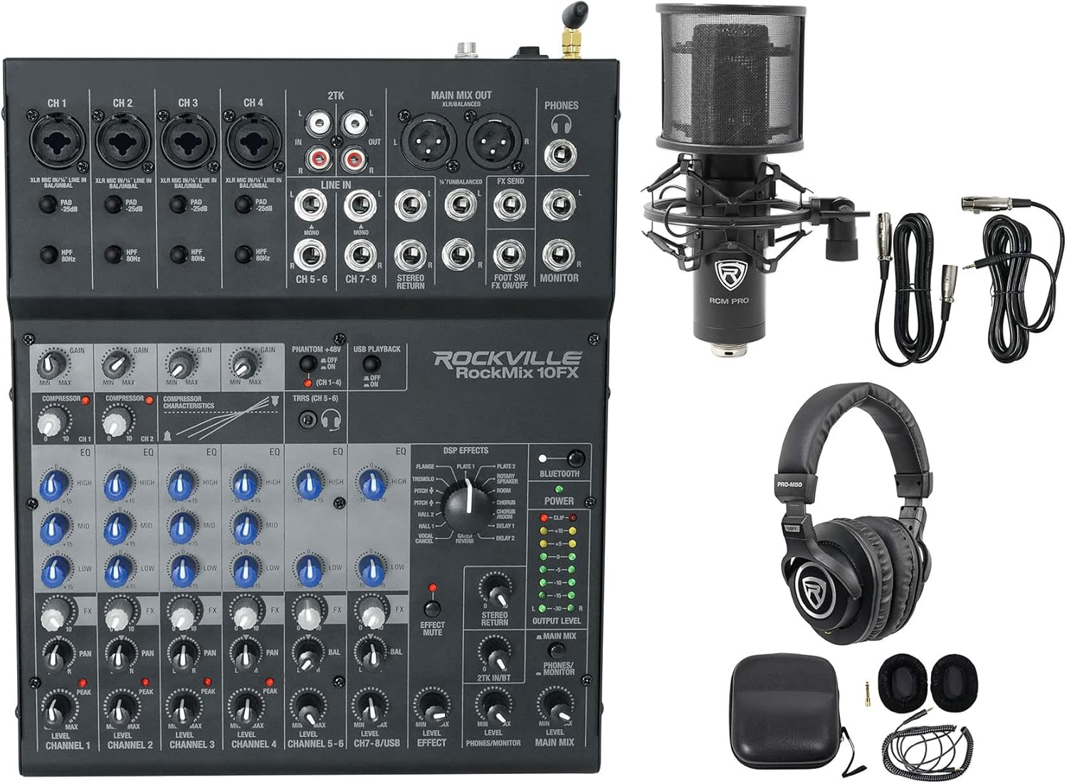 Rockville ROCKMIX 10FX Bundle: 10-Channel USB Recording Mixer with Effects and Bluetooth, RCM PRO Condenser Microphone, PRO-M50 Studio Headphones, 3-items