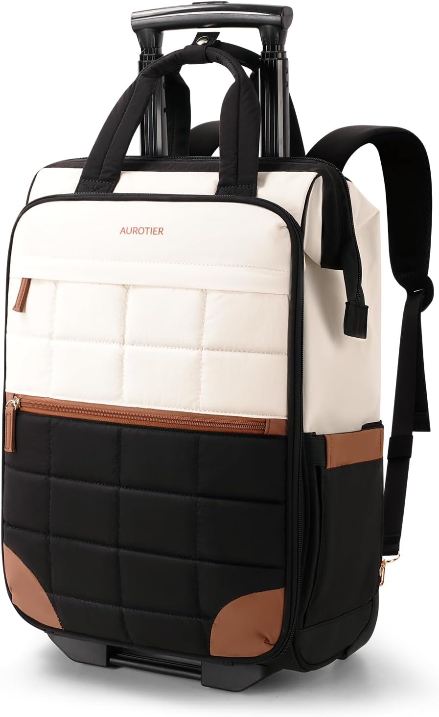 Rolling Puffer Backpack for Women, Wheeled Laptop Backpack, Short-Term Travel Backpack with Wheels, Roller Adults Work Computer Bag, Water Resistant Overnight College Underseat Carry on Luggage, Brown