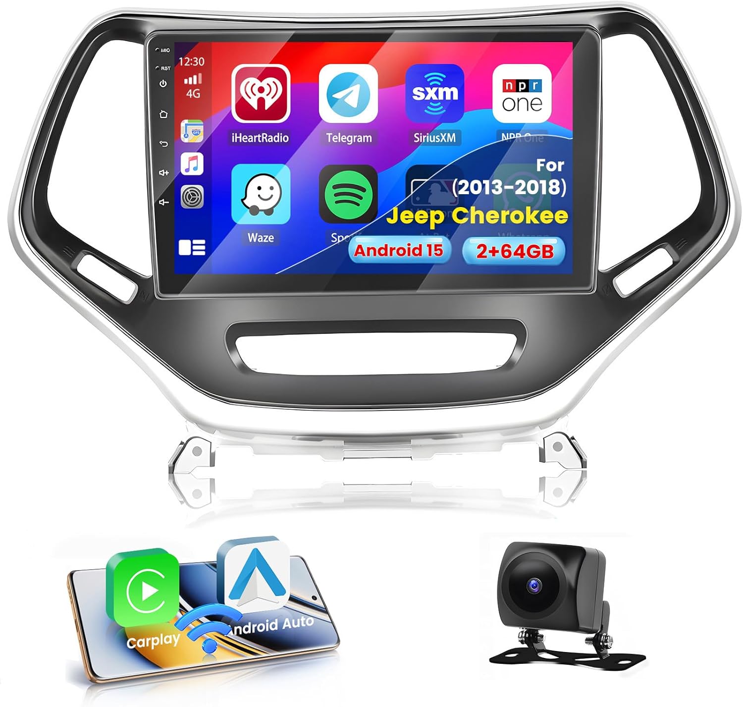 2G 64G Radio for Jeep Cherokee 2013-2018 Android 15 CarPlay Car Stereo 10.1'' Touch Screen Compatible with Android Auto AHD Backup Camera Bluetooth GPS WiFi FM RDS