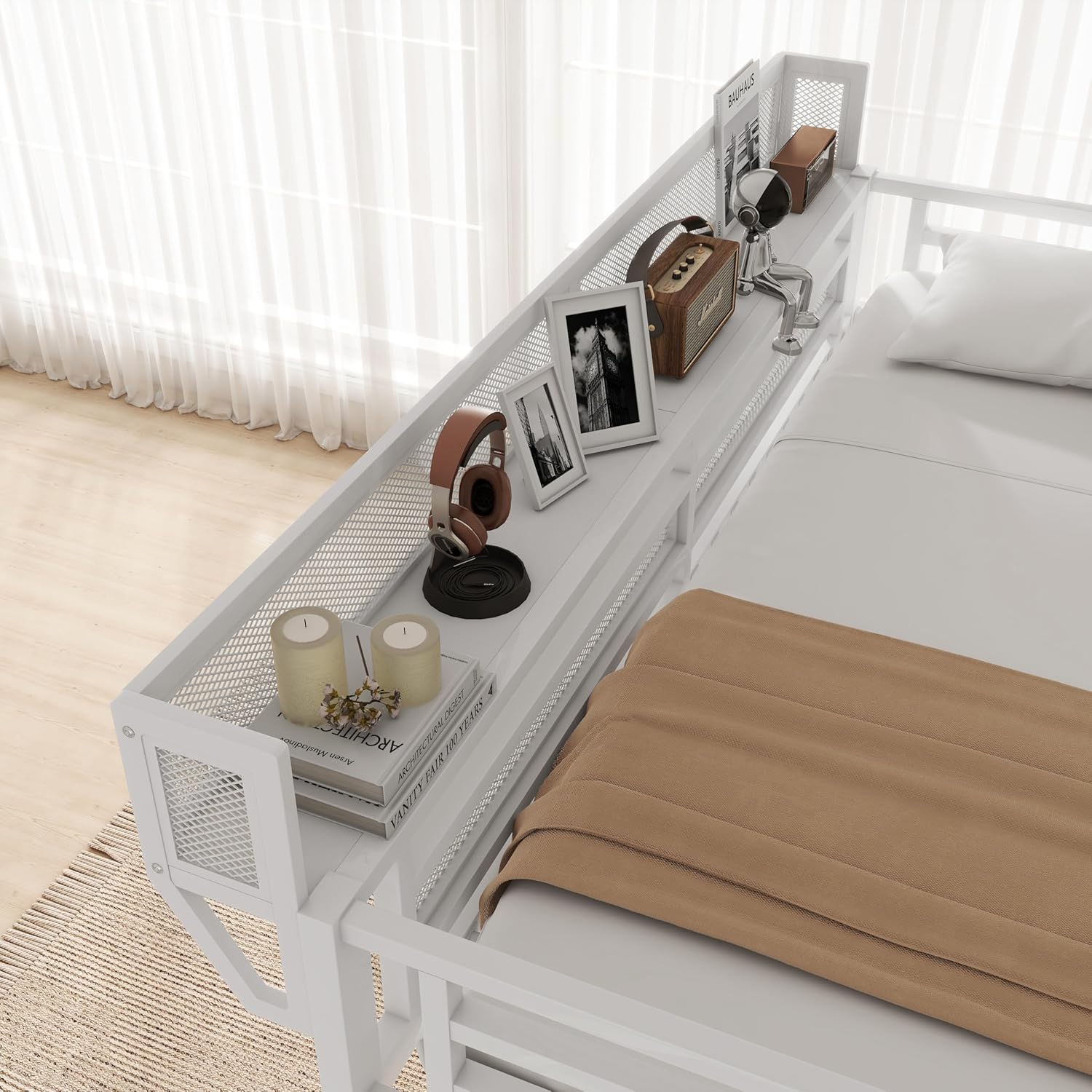 Queen Loft Bed with Desk and Charging Station, Queen Size Metal Loft Bed with Stairs and Light, Black, Patent Products (White)