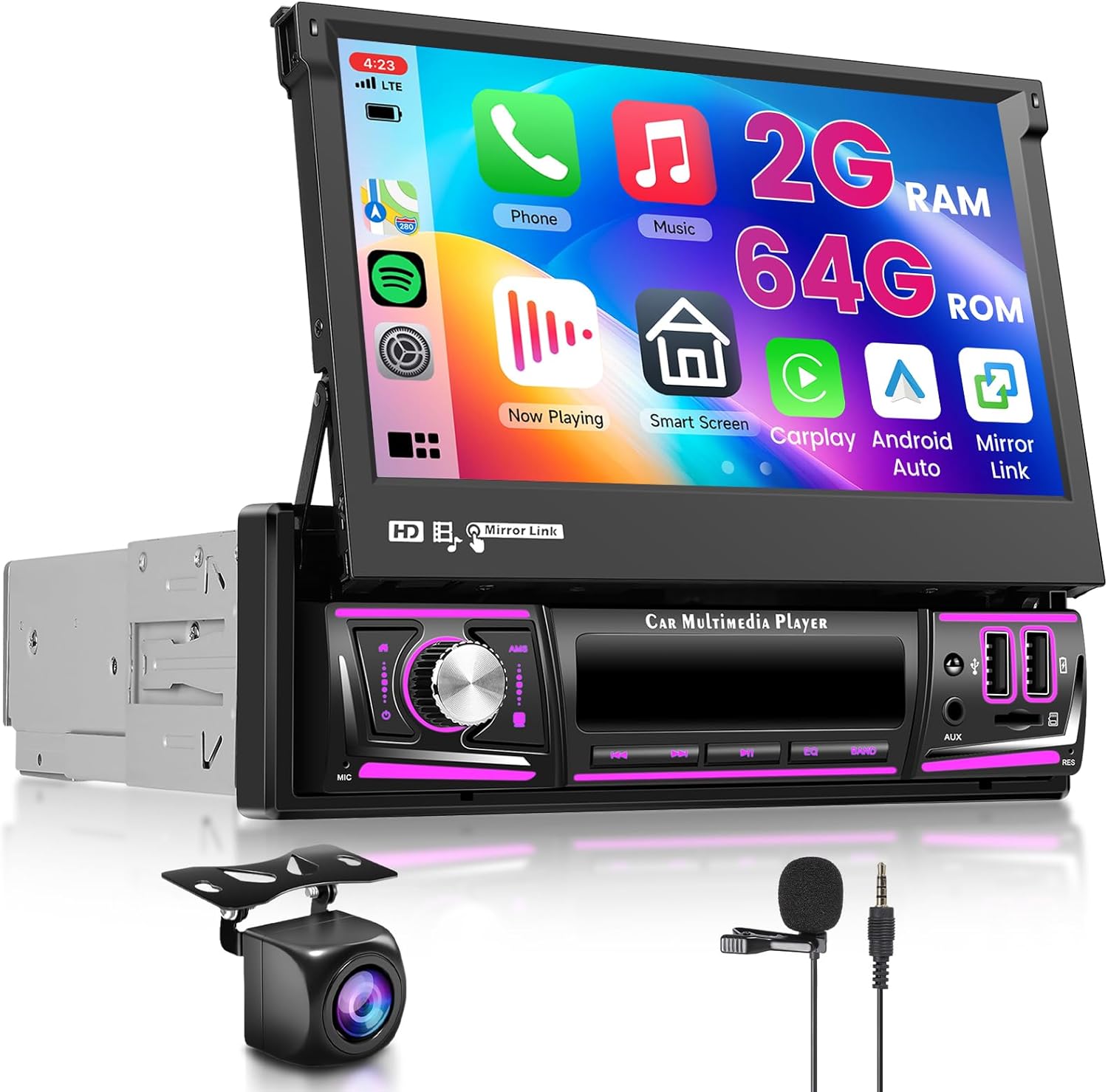 Hodozzy [2G+64G] Single Din Flip Out Car Stereo,Android 7 inch Touchscreen Car Radio with Wireless CarPlay Android Auto, DAB, WiFi, Bluetooth, FM/RDS Radio, DSP, Mirror Link, Double USB, SWC+ Camera