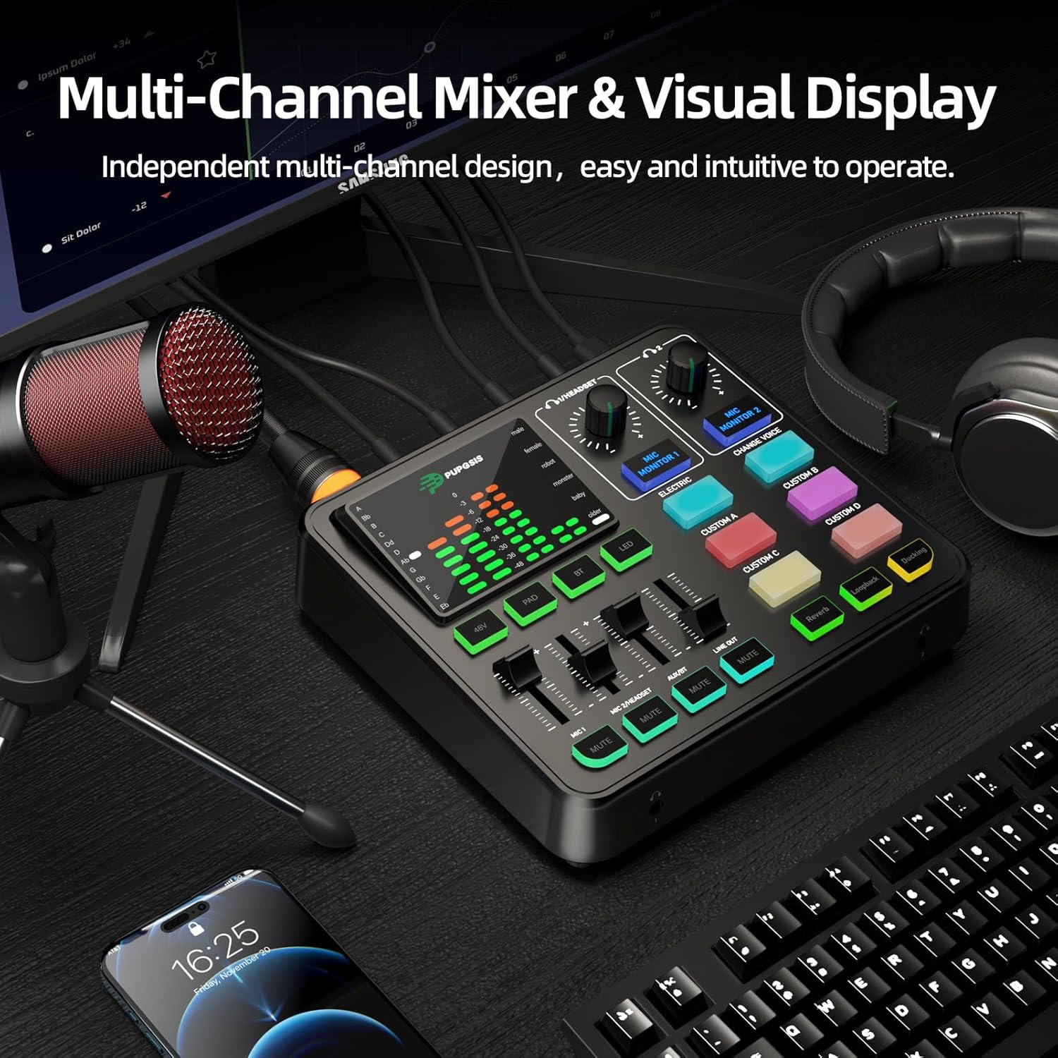 PUPGSIS Podcast Equipment Bundle with Audio Mixer, XLR Dynamic Microphone, Pro-preamp, Bluetooth 5.3
