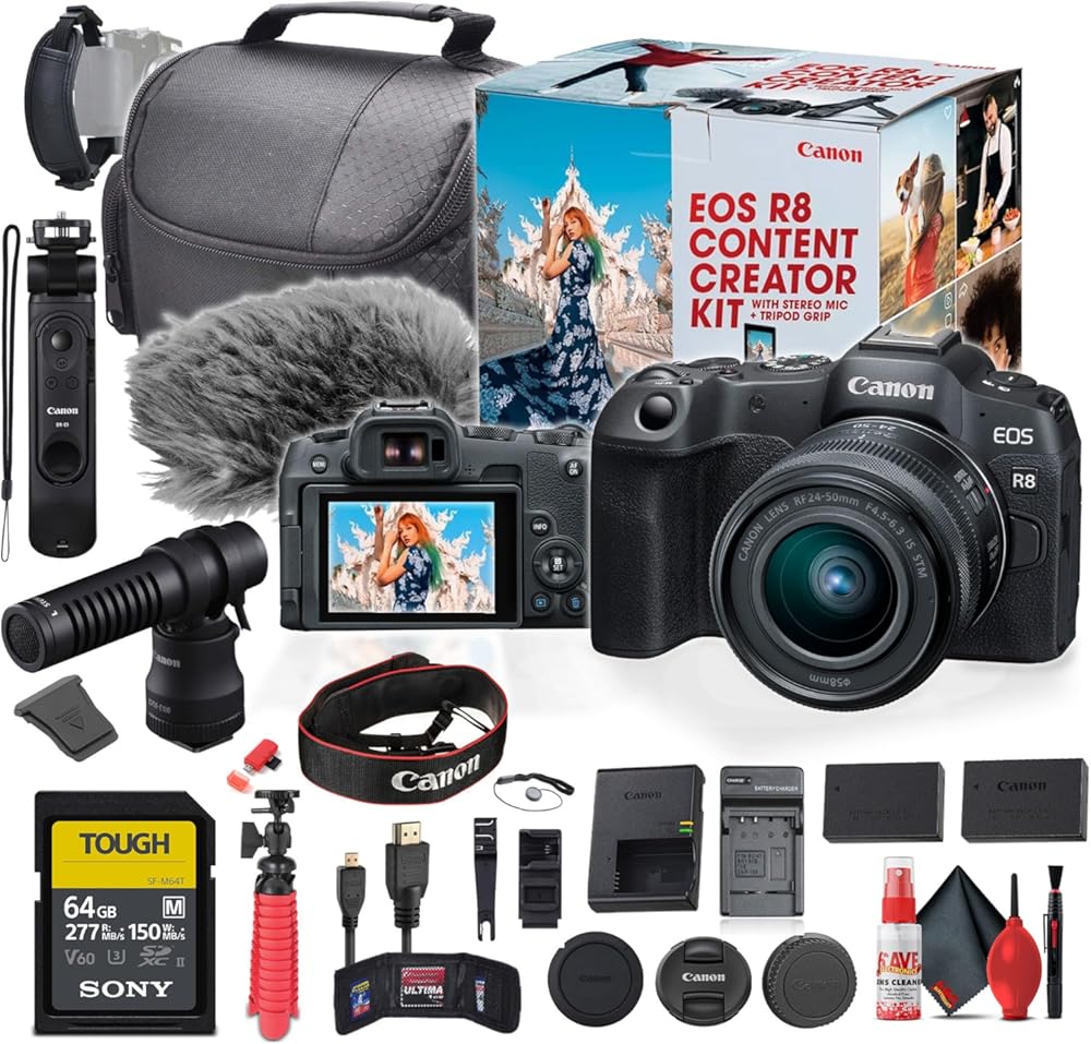Canon EOS R8 Mirrorless Camera Content Creator Kit with RF 24-50mm f/4.5-6.3 is STM Lens (5803C037) + 64GB Tough Memory Card + LPE17 Battery + Charger + Case + Flexible Tripod + More (Renewed)