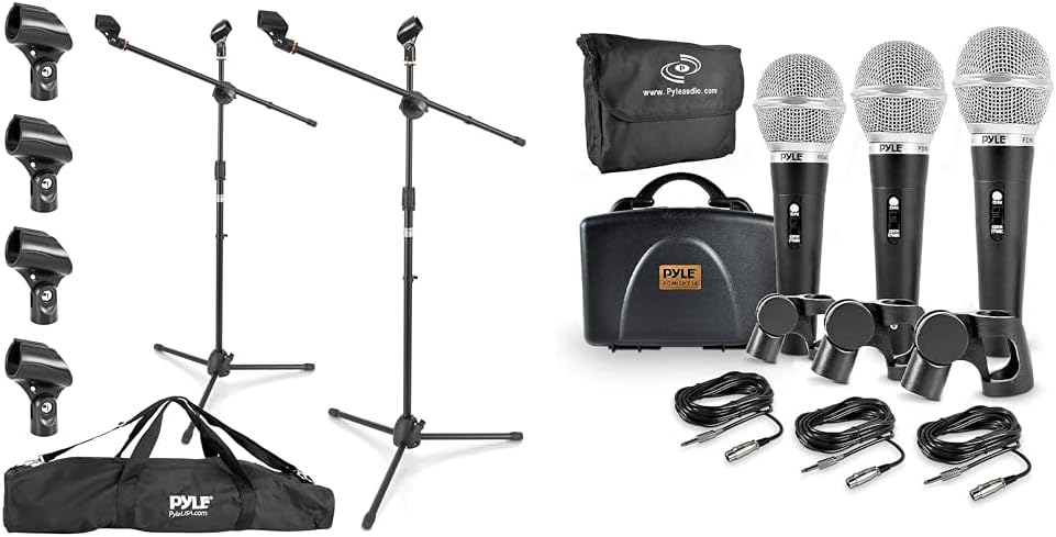 Pyle Universal Adjustable Tripod Microphone Stand Pair with 3 Piece Professional Dynamic Microphone Kit for Vocals, Singing, and Studio Use