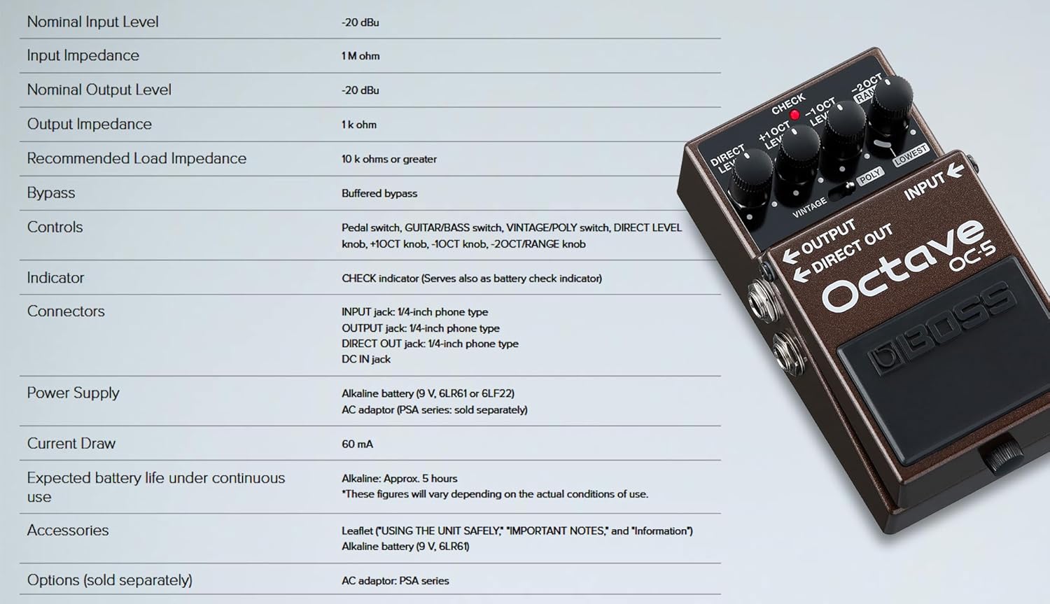 Boss OC-5 Octave Pedal Bundle with Gearlux Instrument Cable, Patch Cable, Picks, and Austin Bazaar Polishing Cloth
