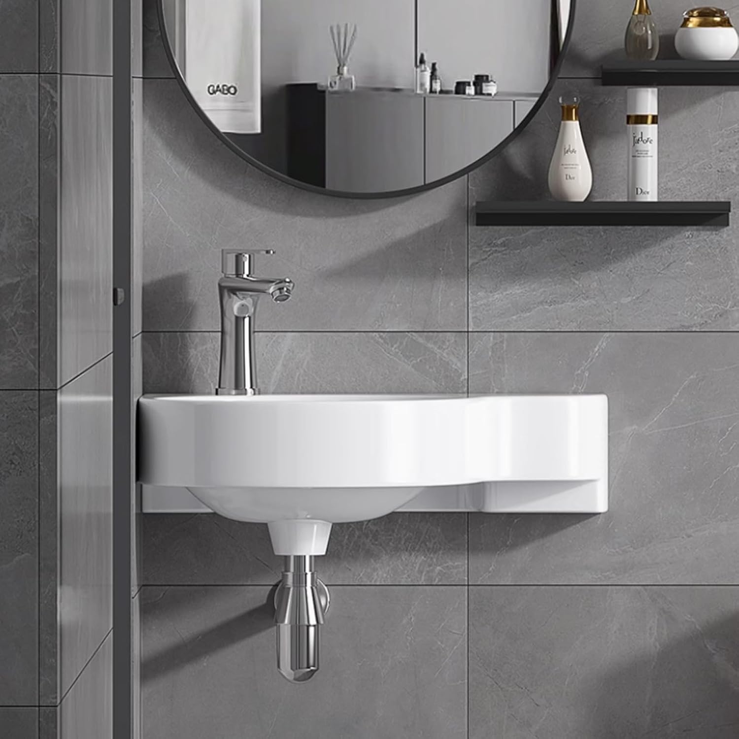 Small Wall Mount Corner Sink, Triangular Ceramic Vessel Sink, L55x38x14cm/21.65x14.96x3.93in, Contemporary Style, Polished Finish, Grid Drain, 0 Holes