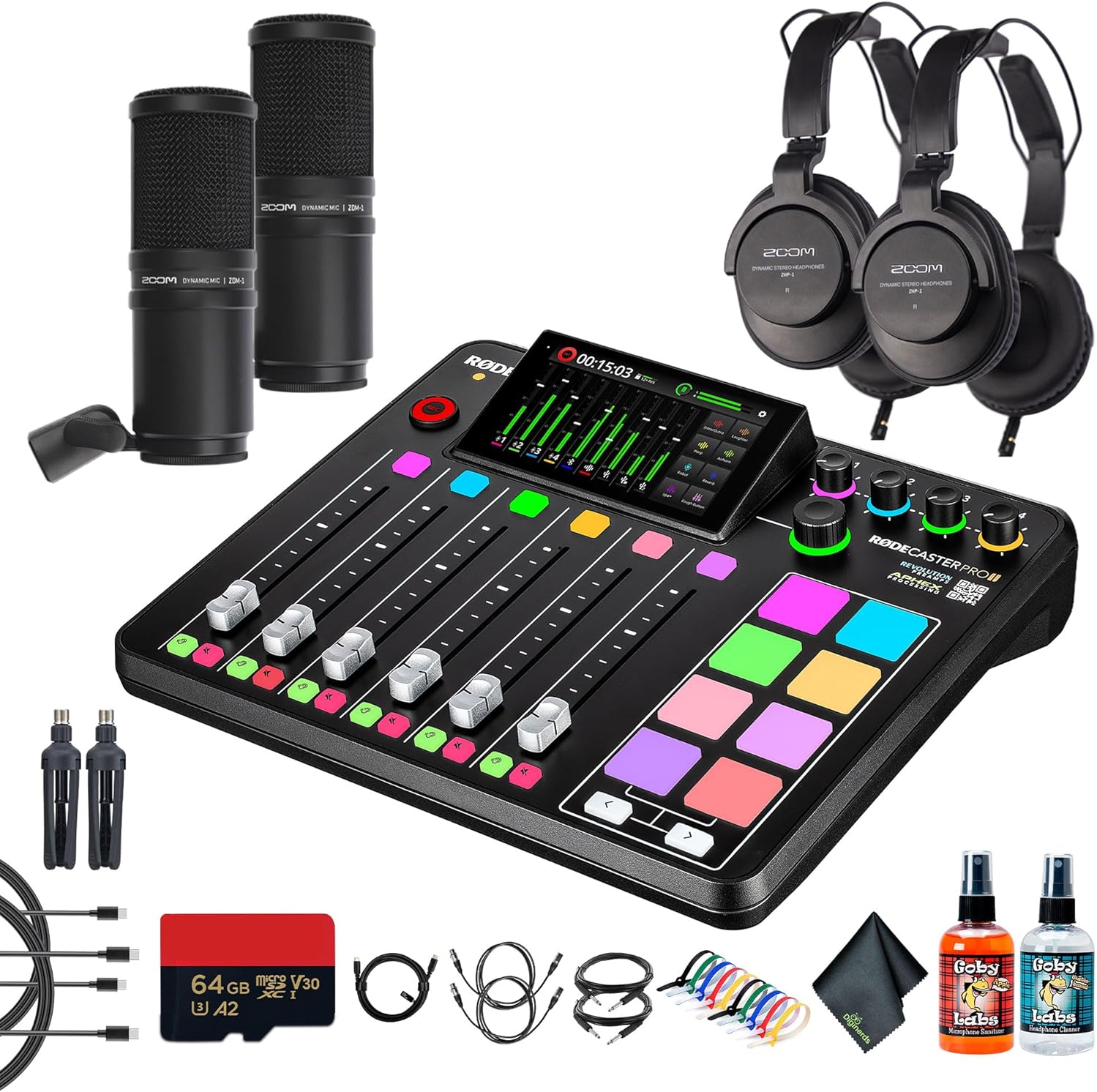 RODE RODECaster Pro II + 2x Headphones + 2x Podcast Microphone + 64GB Micro SD Memory Card + 10 Foot XLR + USB-C + 1/4 TRS + More (Bundle)