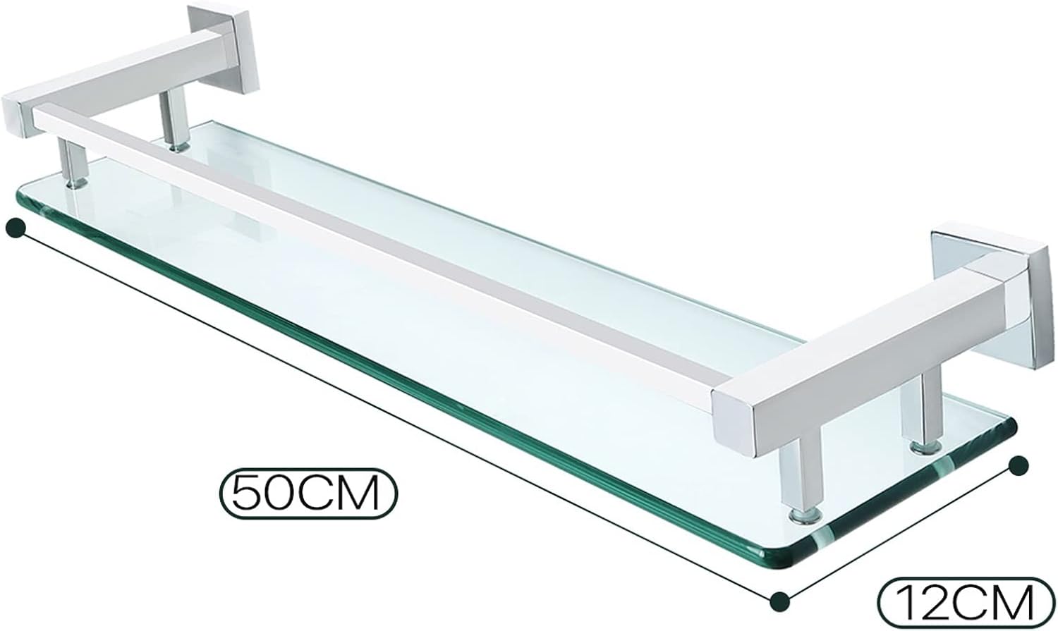 Bathroom Shelf 19.6in Bathroom Glass Shelf Aluminum Tempered Glass Thick Rectangular Storage Organizer Wall Mount 1 Tier Glass Floating Shelves Bathroom Wall Shelves (Color : Polished Chrome)