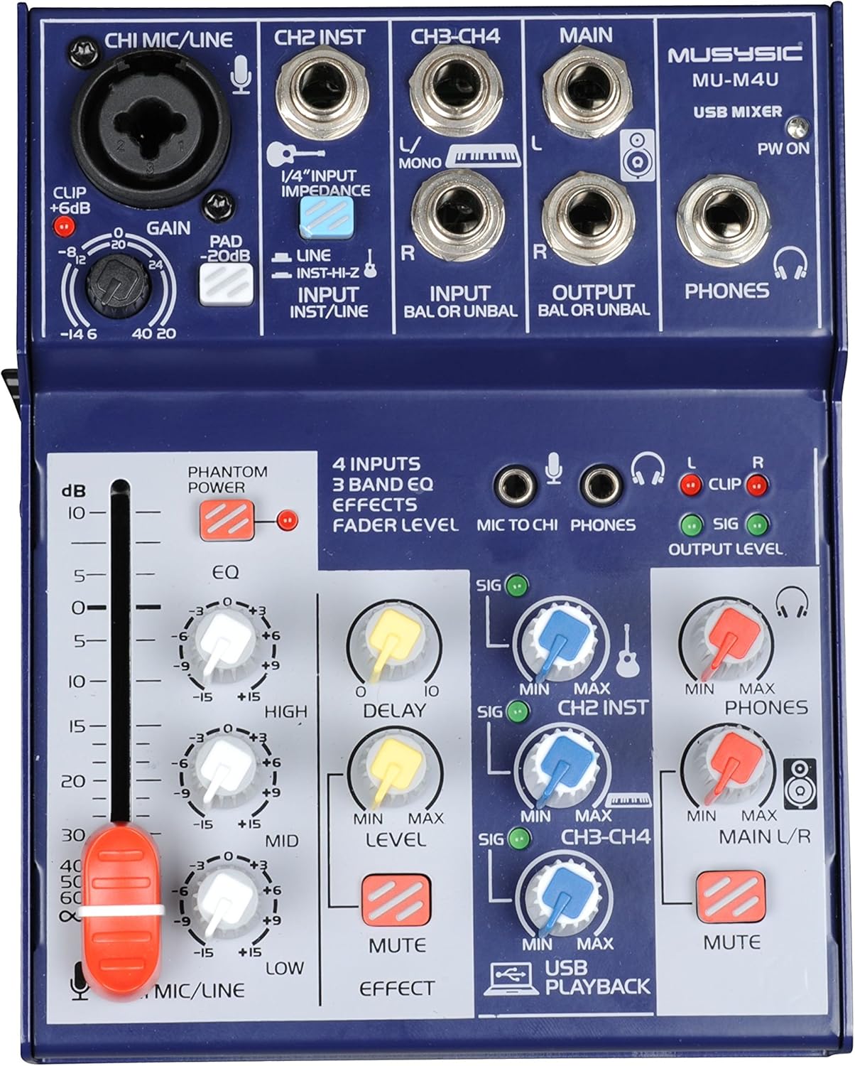 MUSYSIC Professional 4-Channel Digital Mixer with USB Audio Interface for Studio, Webcast, Podcast, Phantom Power with Stereo DJ Studio Streaming - MU-M4KIT