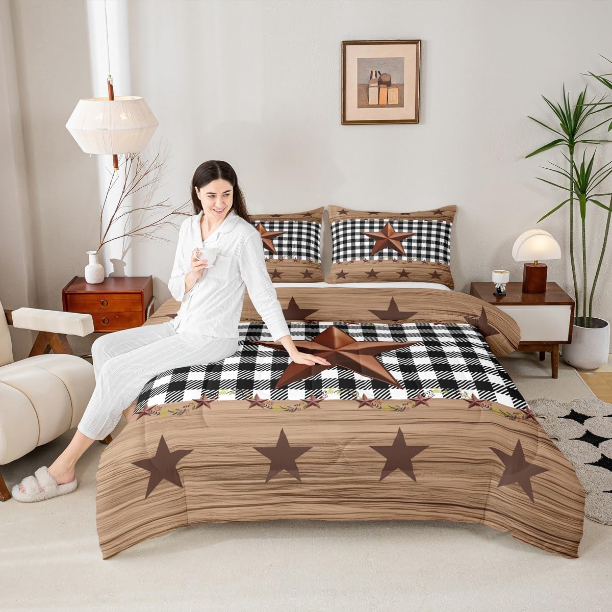 Western Texas Star Comforter Set King, Farmhouse Black Plaid Bedding, Brown Vintage Country Star Bedding Comforter Sets, Retro Rustic Checked Grid Bedroom Decor Wooden Grain Quilt For Kids Boys Girls