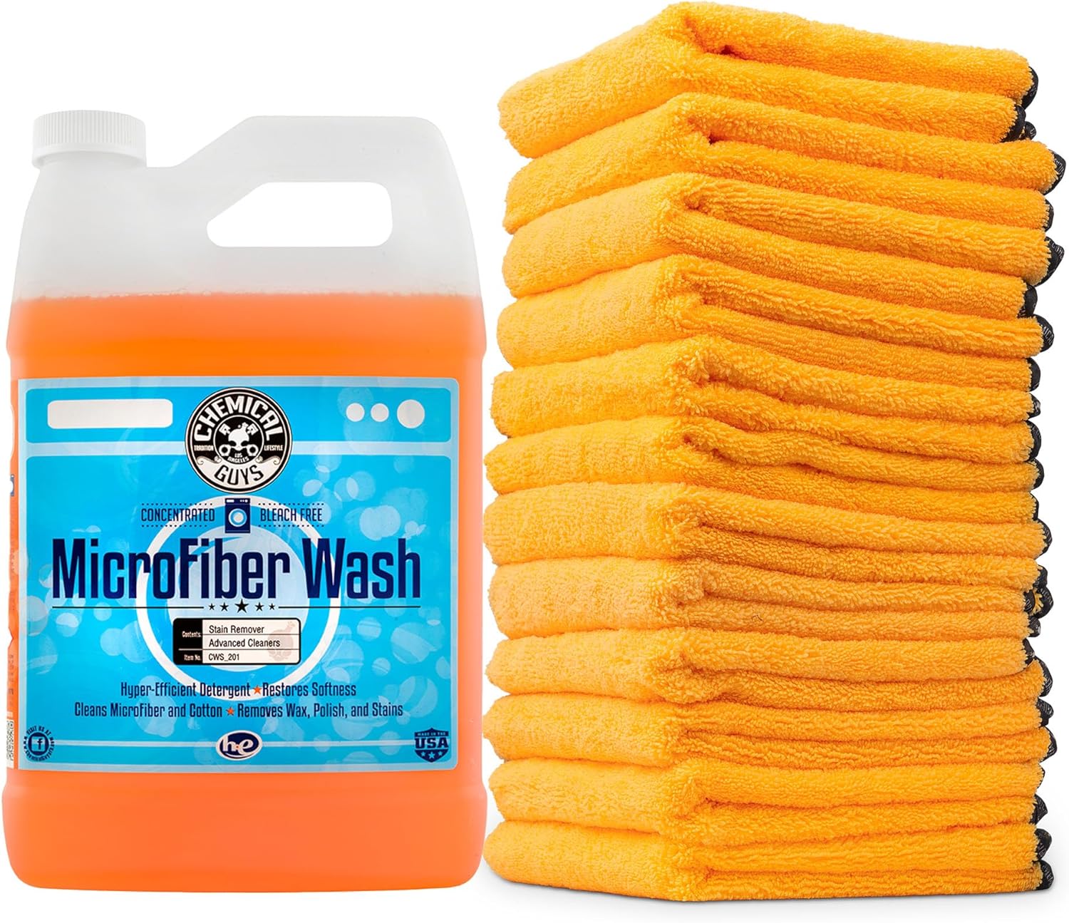 Chemical Guys CWS_201 Microfiber Cleaning Cloth & Car Wash Towel Concentrated Cleaning Detergent, 128 fl oz Orange Scent + MIC_506_12 Premium Microfiber Towels, Gold (16