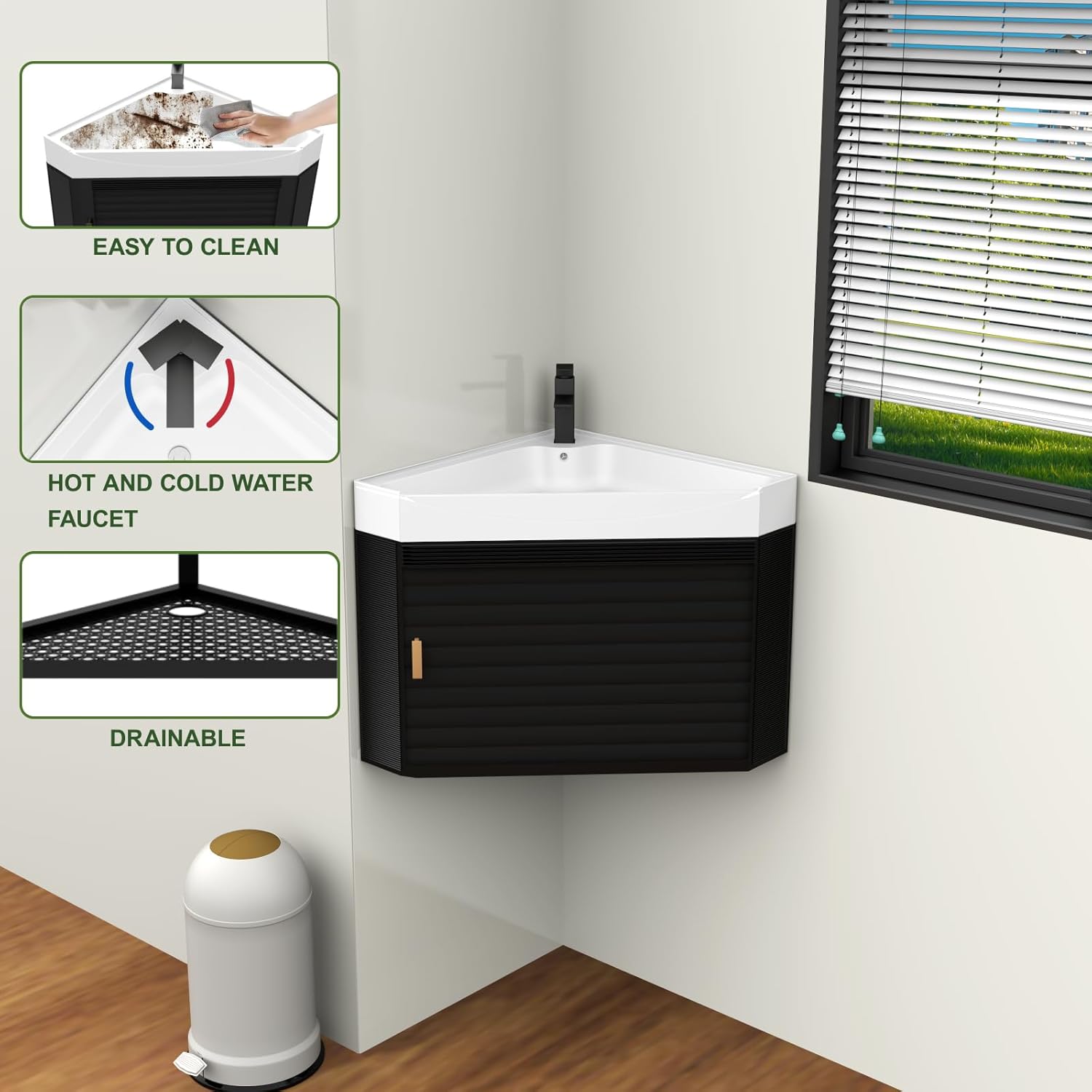 Corner Bathroom Vanity with Metal Cabinet, Modern Corner Bathroom Vanity, Wall Mount Small Utility Sink, Pedestal Sink Set with Drain, Console Sink(Black, 16.53in)