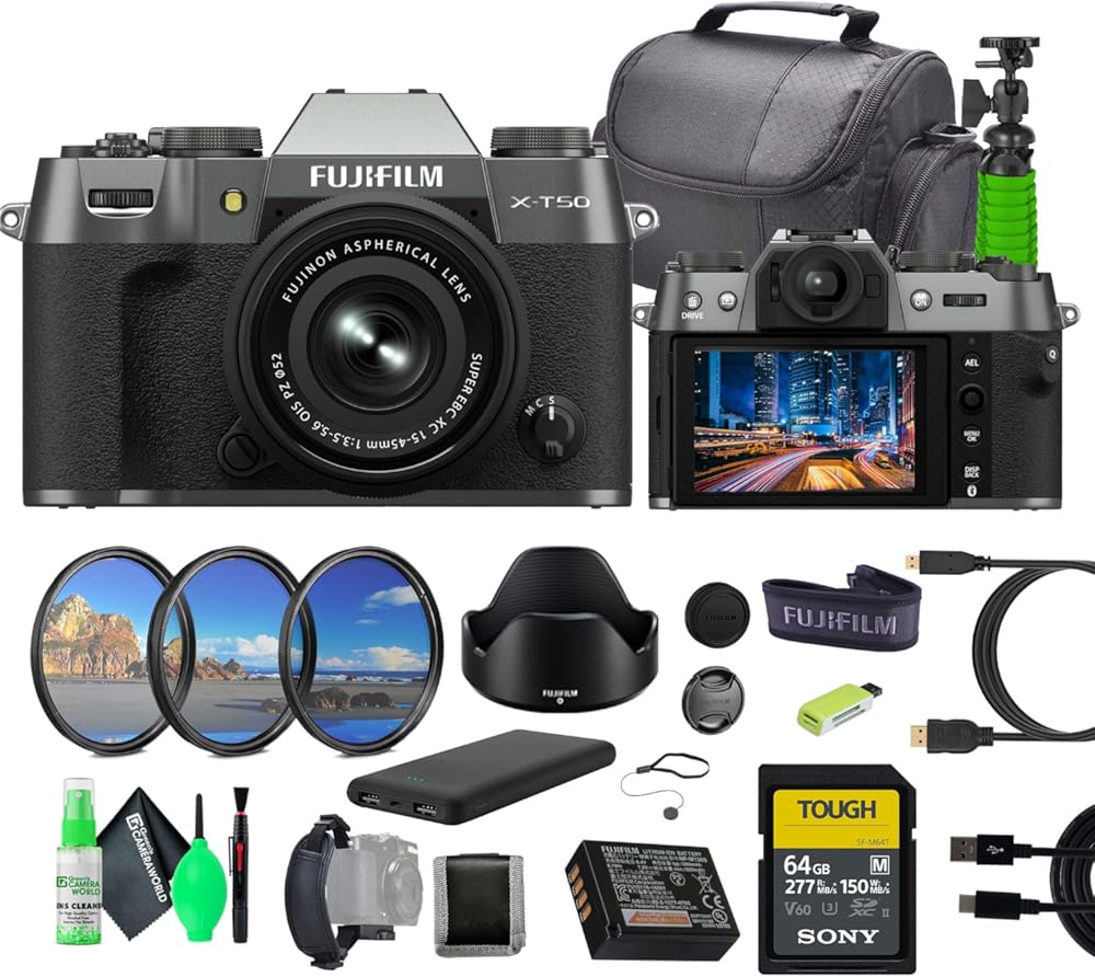 Fujifilm X-T50 Mirrorless Digital Camera XC15-45mmF3.5-5.6 OIS PZ Lens Bundle Kit with 64GB SF-M Tough UHS-II Memory Card + Greens Lens Cleaning Kit + Bag + More Accessories (Charcoal Silver)