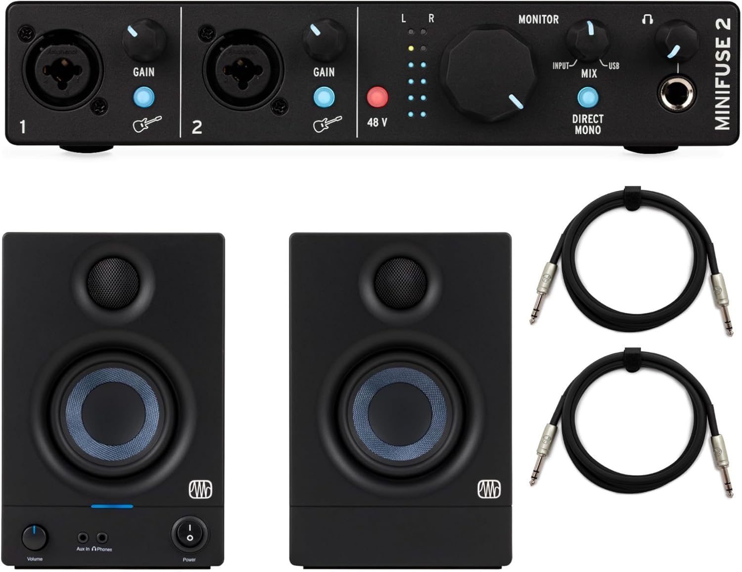 Arturia MiniFuse 2 Audio Portable Interface, USB Compatible with Midi keyboard and Controller Bundle with 3.5-Inch Monitor (Pair) and 6-Feet 1/4 TRS Cables (4 Items)