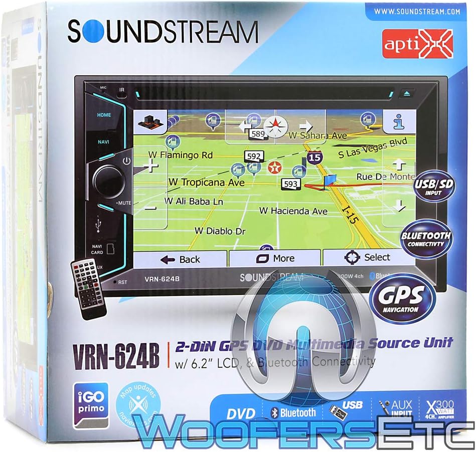 Soundstream VRN-624B, 6.2 Inch Double Din Car Stereo, Navigation LCD Touchscreen Multimedia Receiver, GPS Bluetooth Audio Video in-Dash