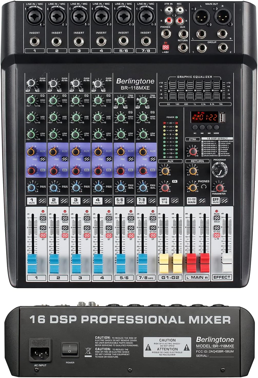 8 Channel Bluetooth Professional Audio Mixer DJ Sound Console, USB MP3 Recording, 6 XLR Microphone Jack 7 Band EQ 48V Phantom Power Stereo 16-BIT Digital Multi FX Processor (BR-118MX)