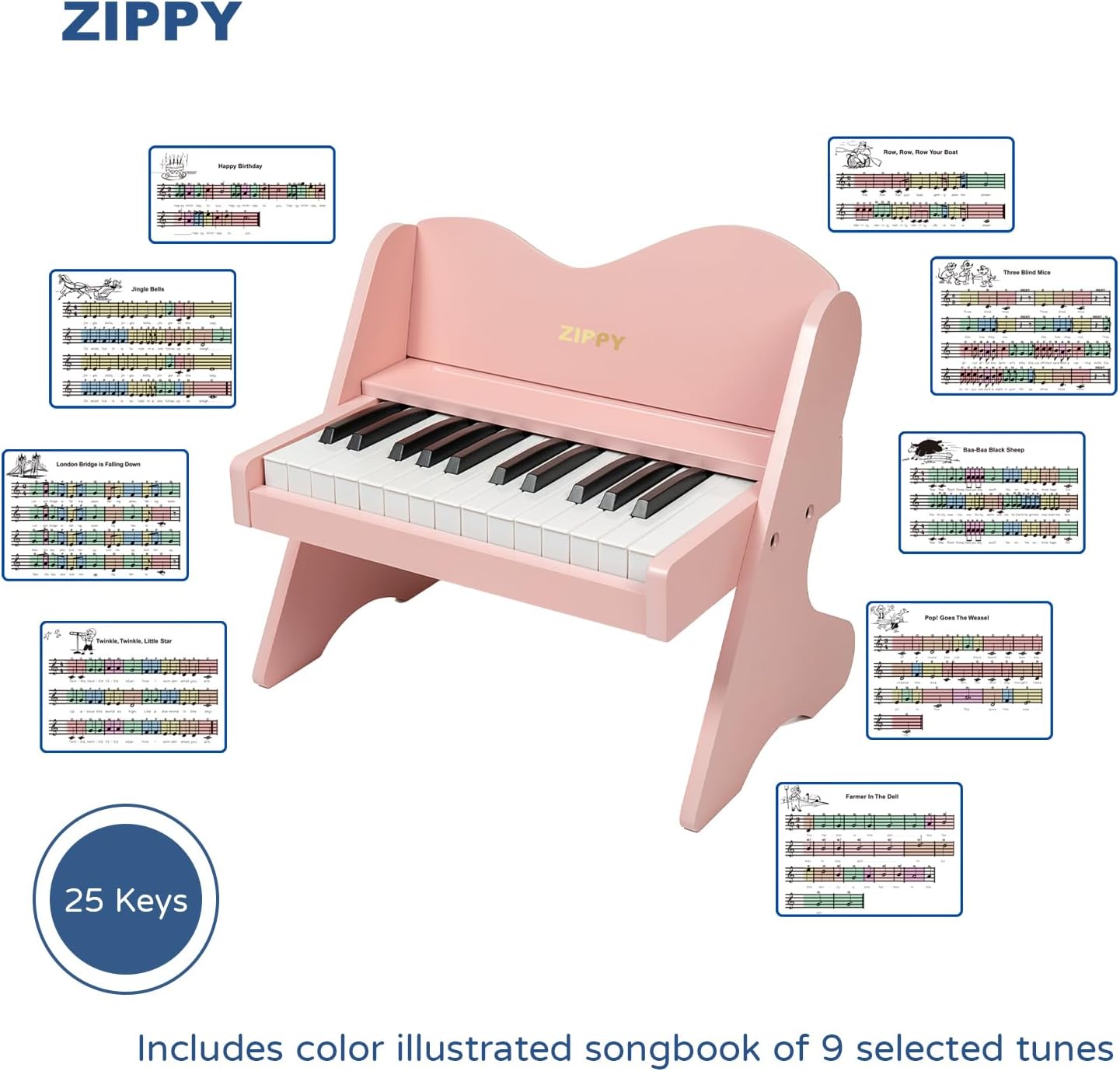 ZIPPY Kids Piano Keyboard, 25 Keys Digital Piano for Kids, Volume Adjustable, Mini Music Educational Instrument Toy, Wood Toy for Toddlers Girls Boys (Pink)