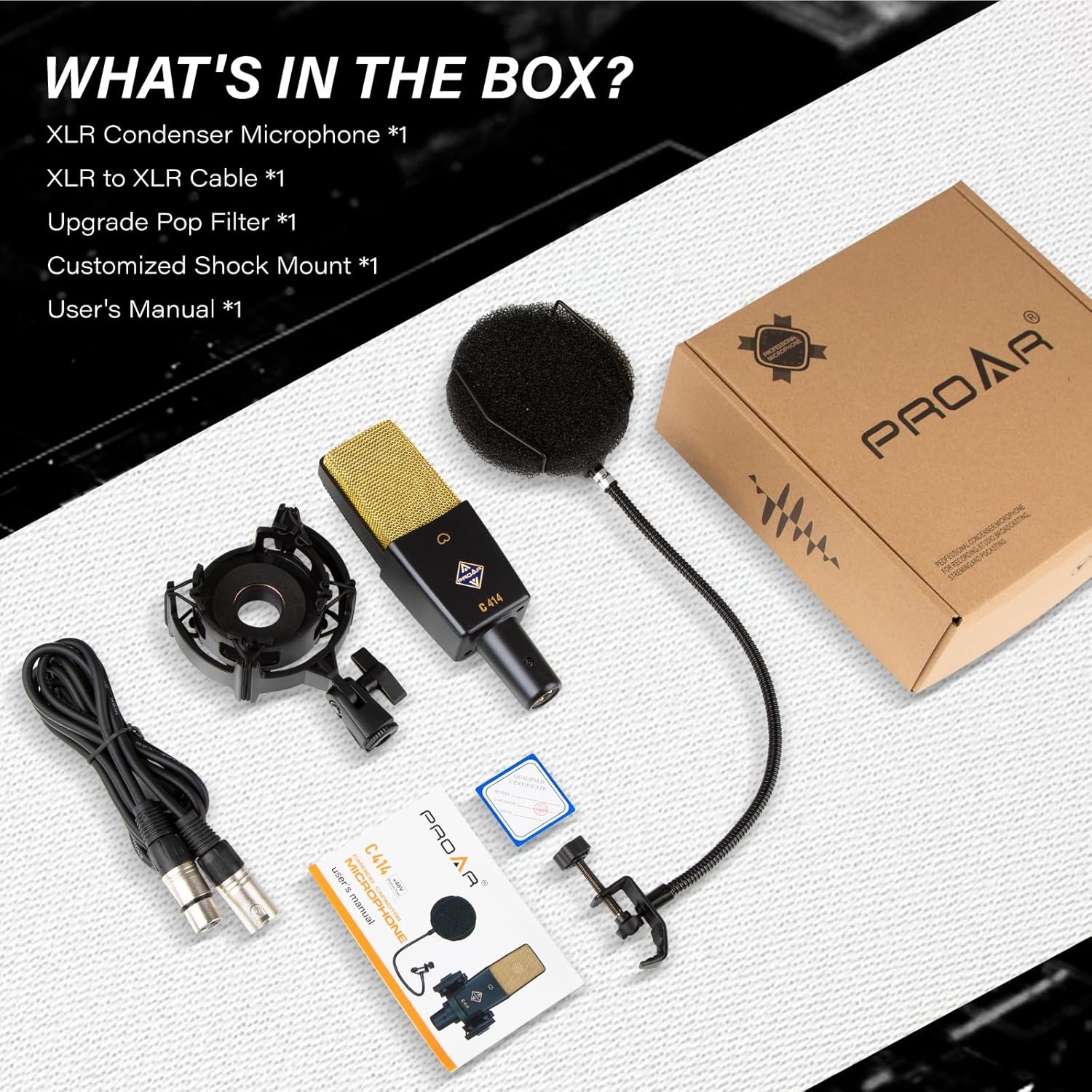 XLR Podcast Microphone Professional Cardioid Studio Condenser Microphone 25mm Large Diaphragm Computer PC Gaming Mic Kit with Upgrade Pop Filter for Vocal Recording,Streaming,YouTube C414