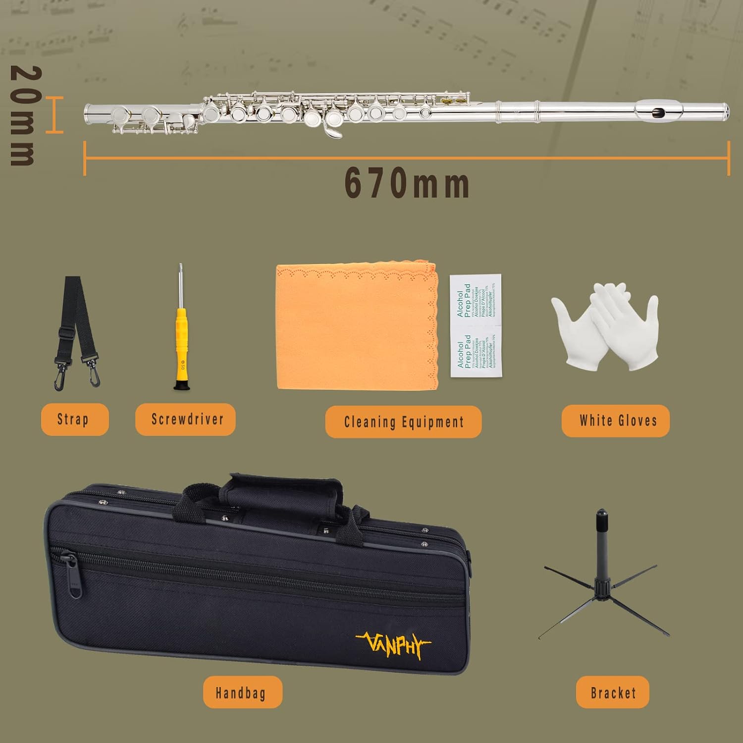 Closed Hole C Flute 16 Keys Nickel-Plated Flutes For Beginners Student Flute Instrument With Case Stand Cleaning Cloth Gloves Tuning Rod (Silver)