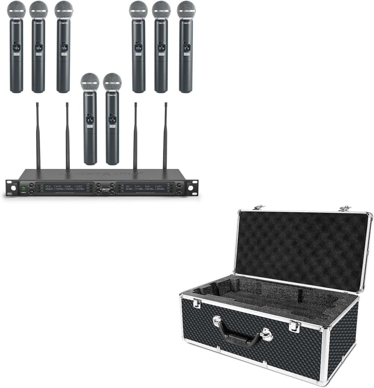 Phenyx Pro Wireless Microphone System, Eight-Channel Wireless Mic, w/ 8 Handheld Dynamic Microphones, Auto Scan,8x40 Adjustable UHF Channels Bundle with The Extra Large Size Carrying Case
